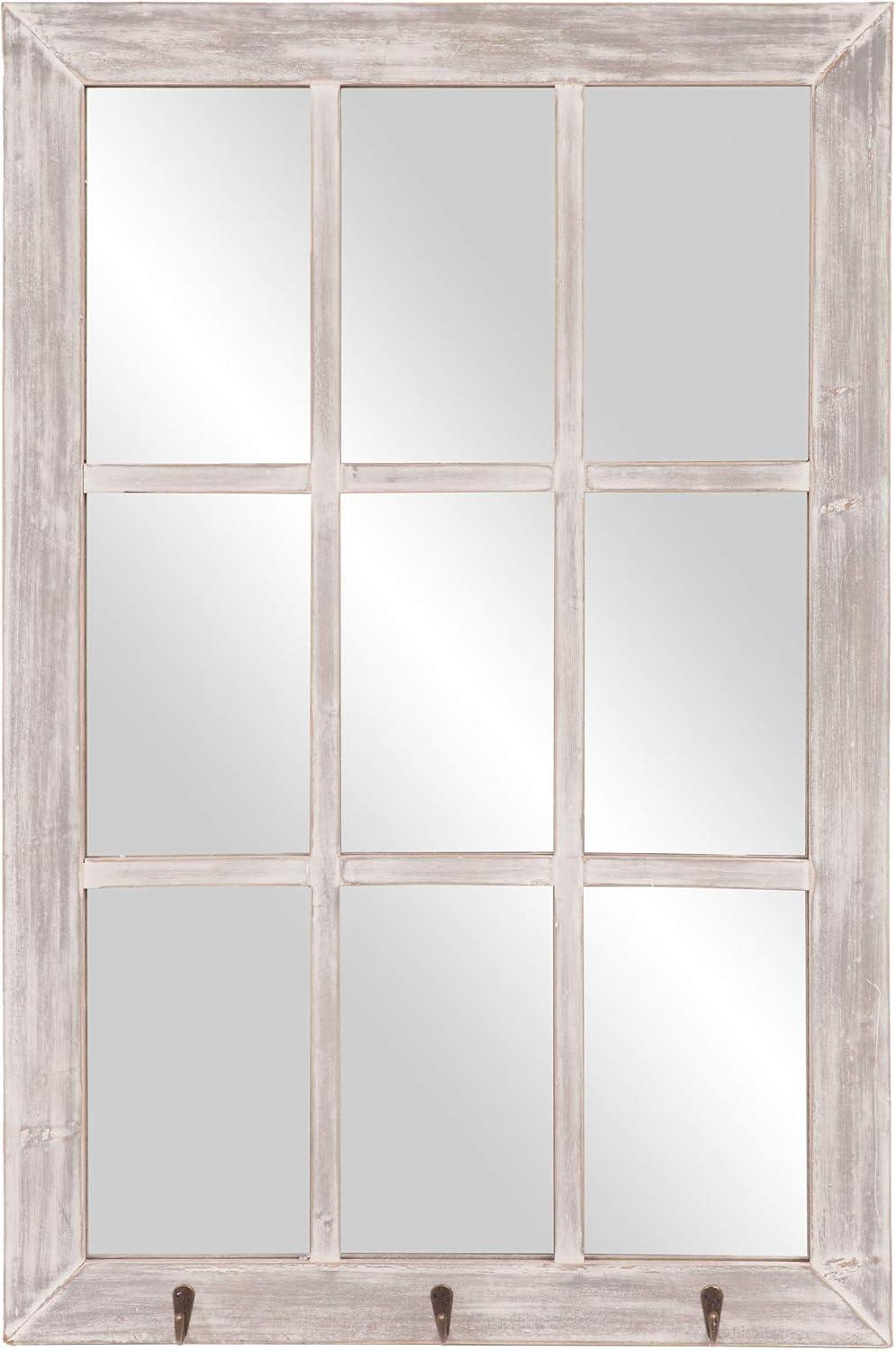 Distressed White Rectangular Wood Windowpane Wall Mirror with Hooks