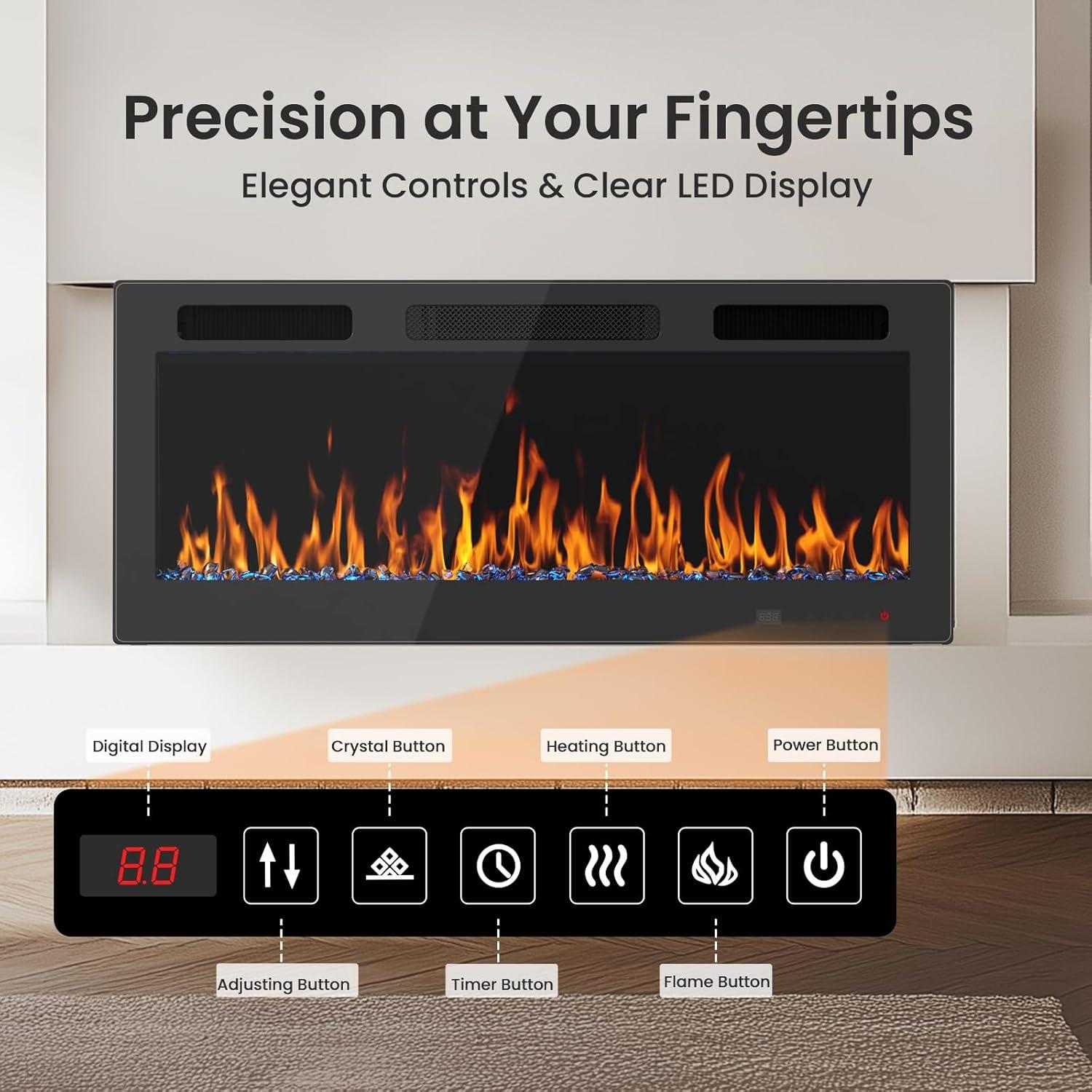 Ultra-Thin Black Glass Wall Mounted Electric Fireplace 50 Inch