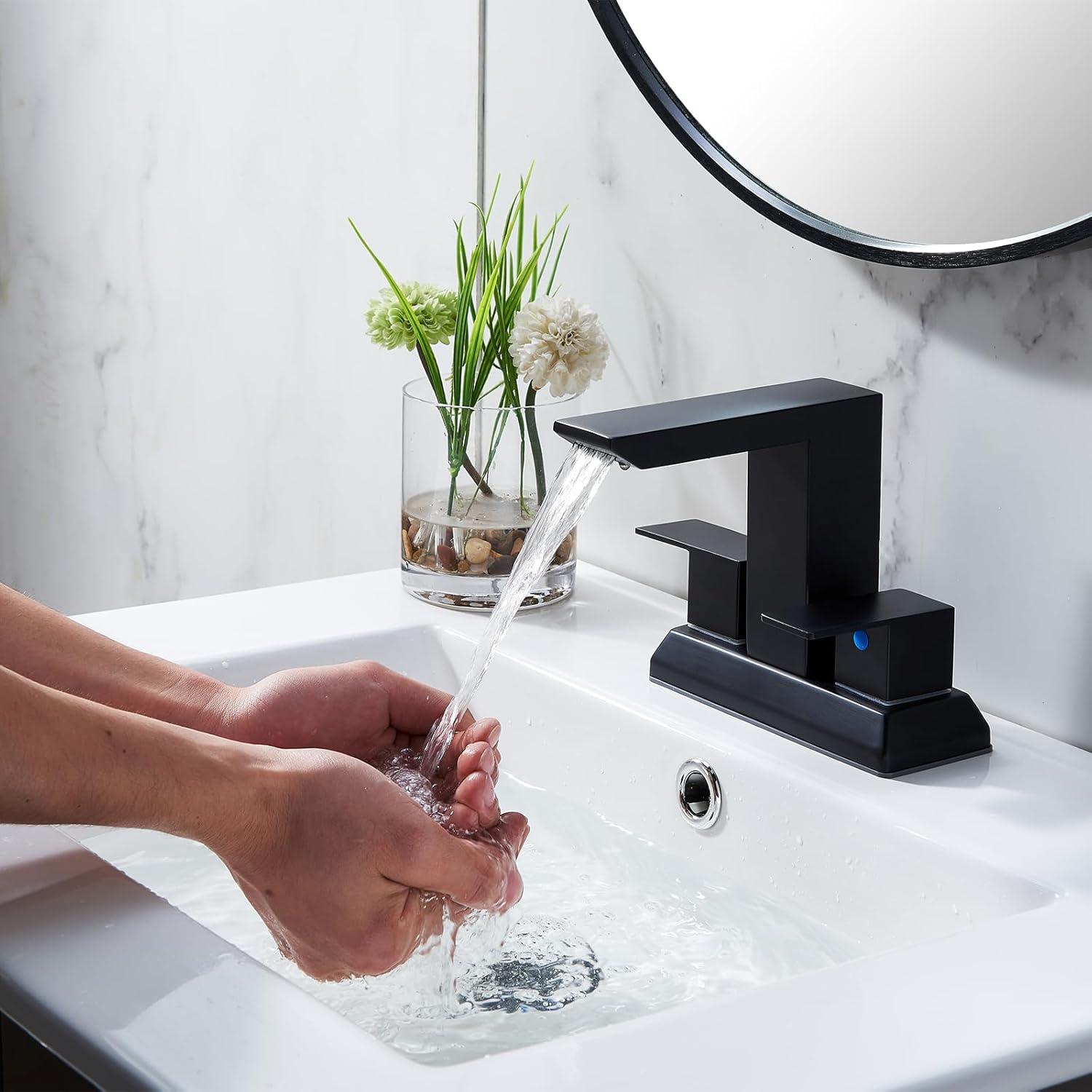 SHACO Black 4 Inch Centerset Bathroom Faucets 3 Hole or 2 Hole, Matte Black 2 Handle Waterfall Vanity Faucet, Lavatory Mixer Tap RV Sink Faucet with Overflow Pop Up Drain and Hose, SC-ZT907B-NEW1