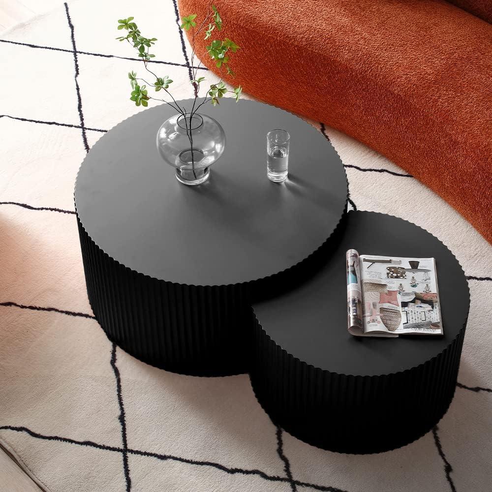 WILLIAMSPACE Nesting Coffee Table Set of 2, Matte Black Round Wooden Coffee Tables, Modern Luxury Side Tables Accent End Table for Living Room Apartment