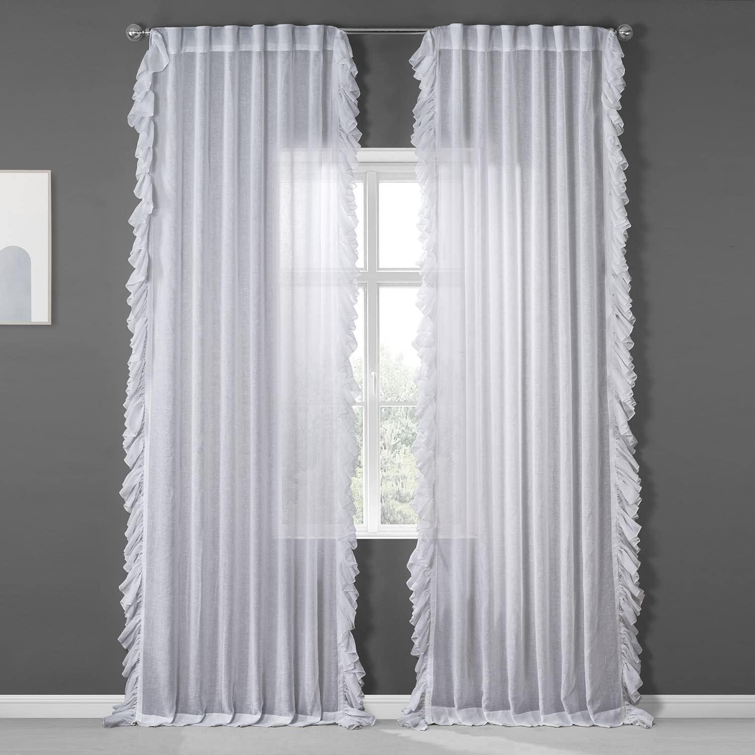 White Orchid 108" Sheer Linen Ruffle Curtain Panel