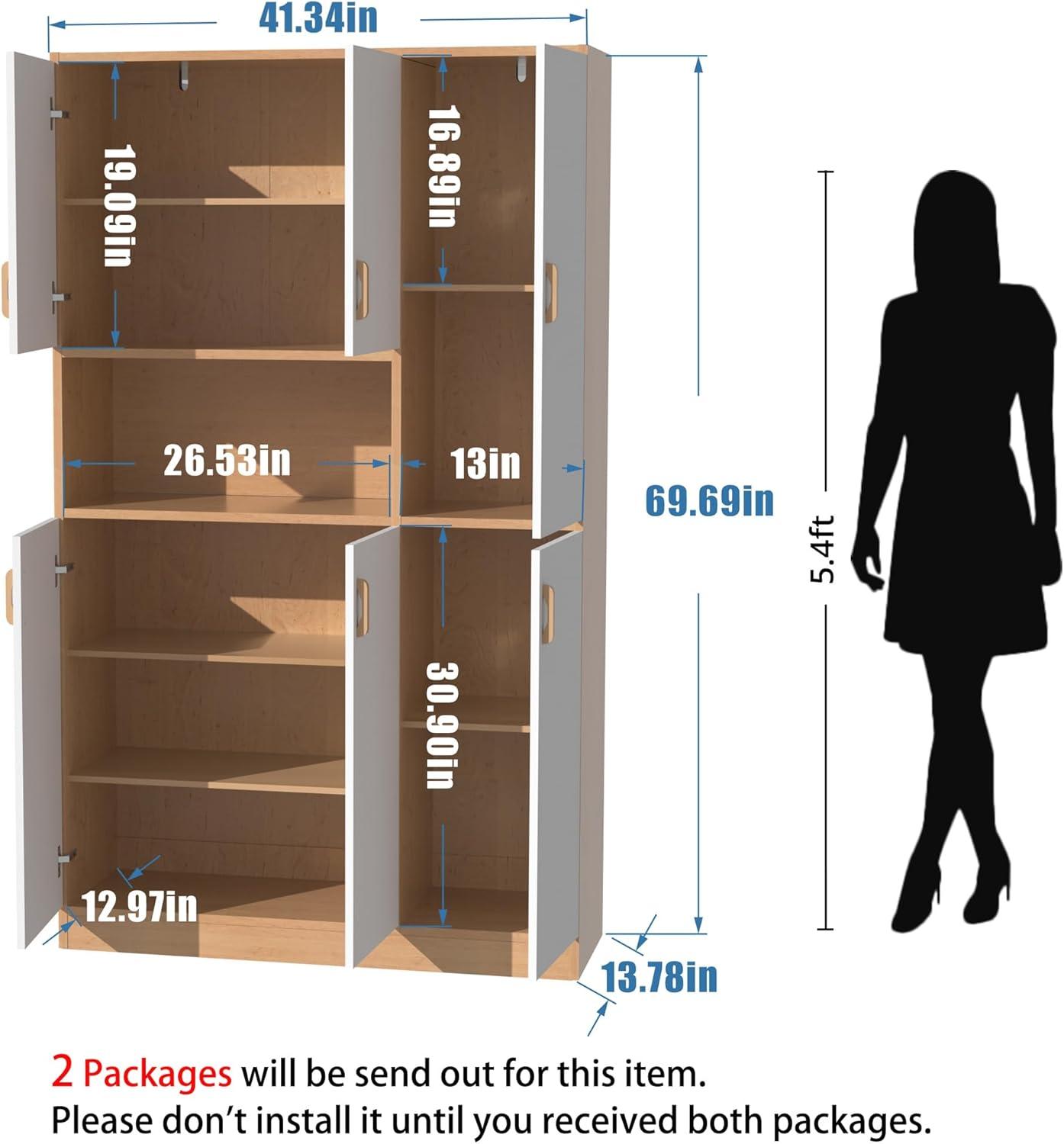 DIYART 70" Tall Oak and White Kitchen Pantry Cabinet, Kitchen Storage Cabinet with 6 Doors, Freestanding Kitchen Hutch with Storage for Kitchen, Dining Room