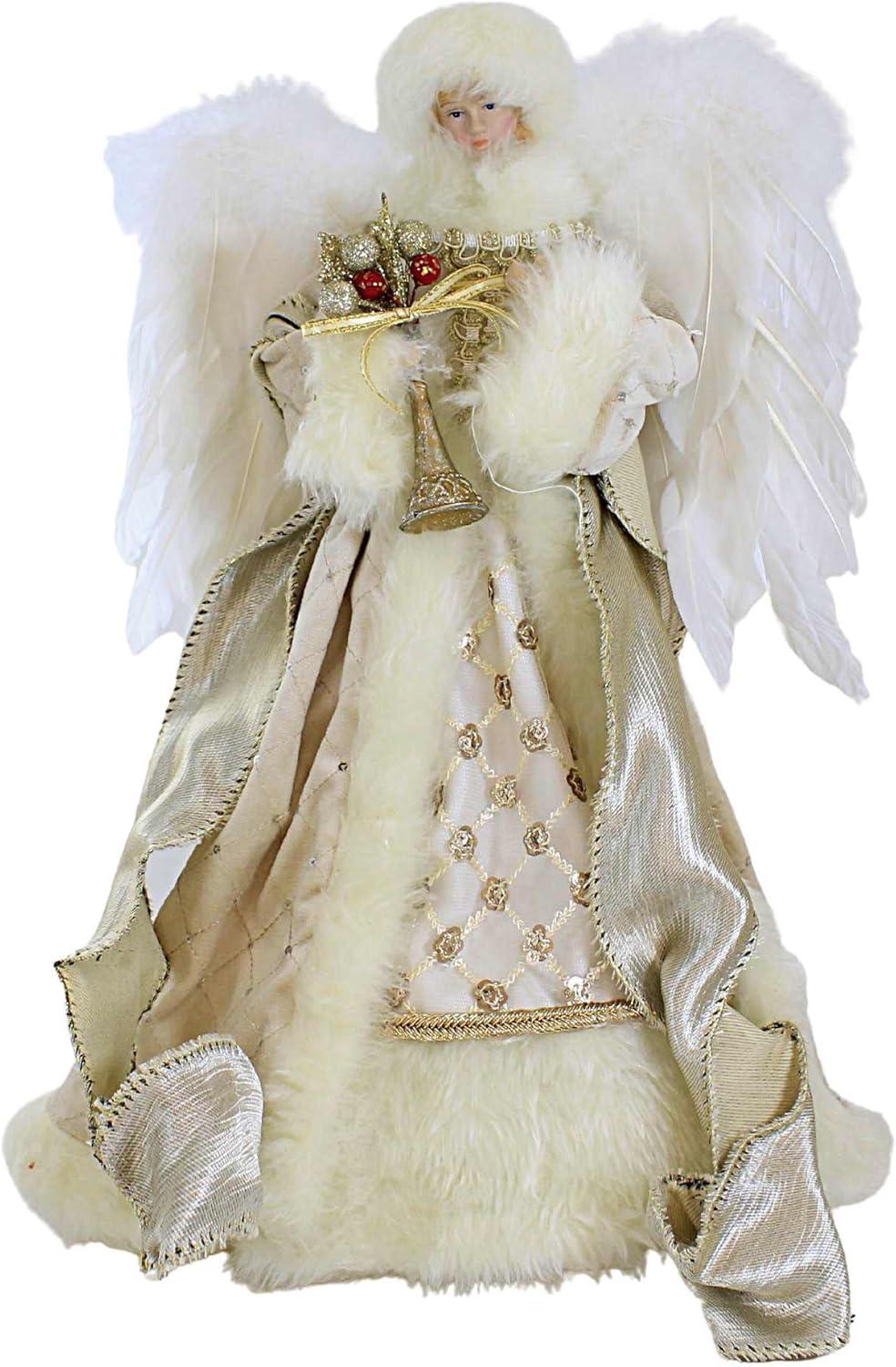 Champagne Angel Tree Topper with Gold Horn and Feather Wings