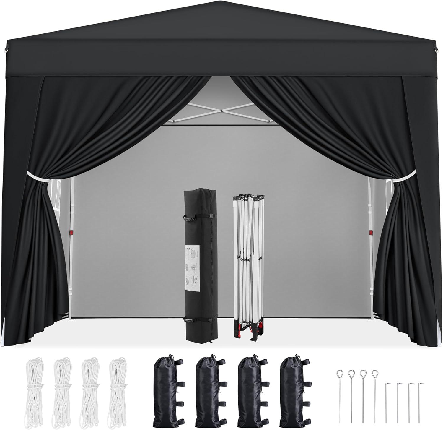 Yaheetech 8x8 Pop Up Canopy with 4 Removable Sidewalls, Portable Enclosed Instant Tent, Waterproof Outdoor Tent, Beach Sun Shelter with 4 Sandbags, 8 Stakes & 4 Ropes, Black