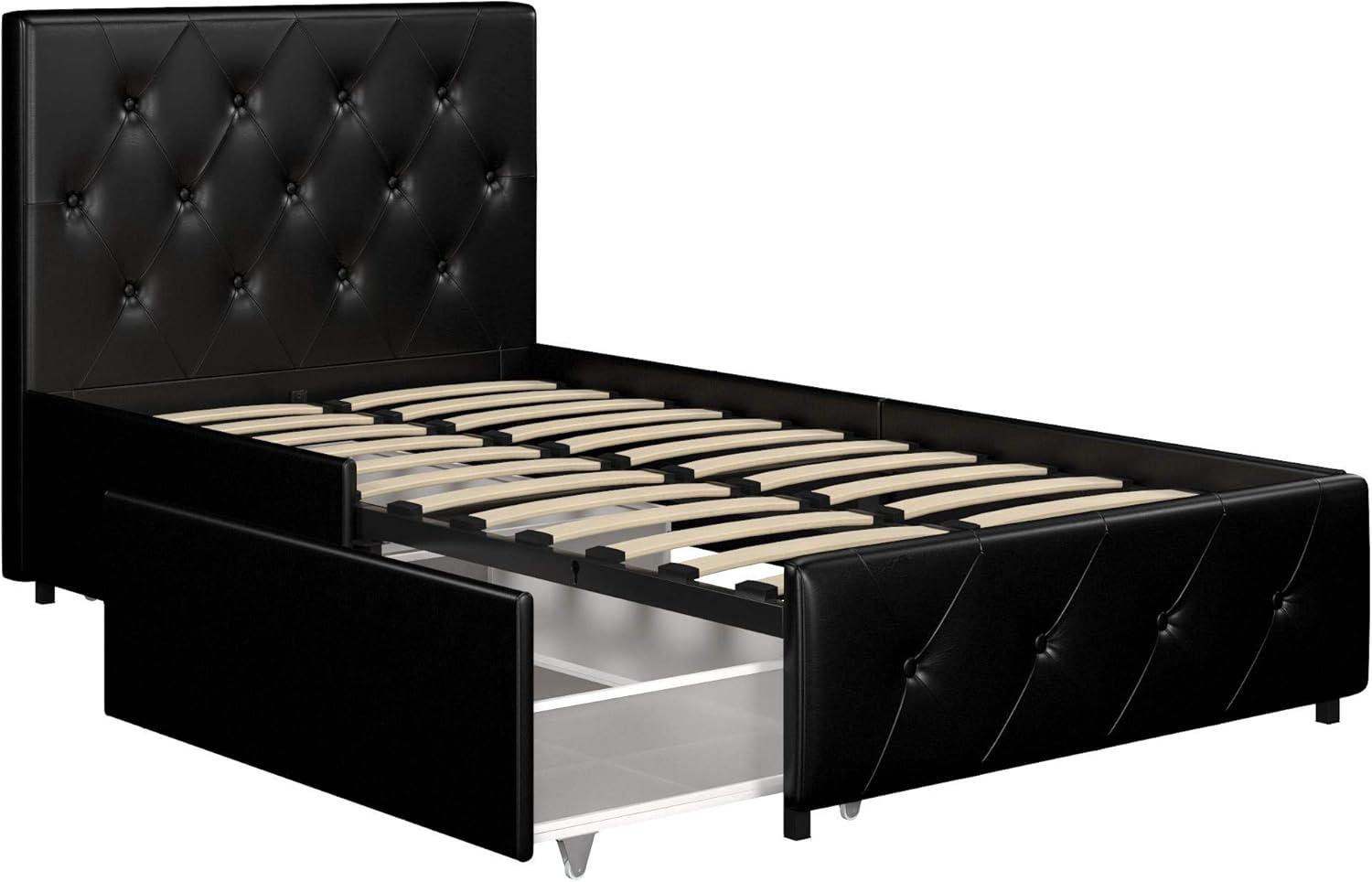 Twin Black Faux Leather Upholstered Platform Bed with Storage Drawers