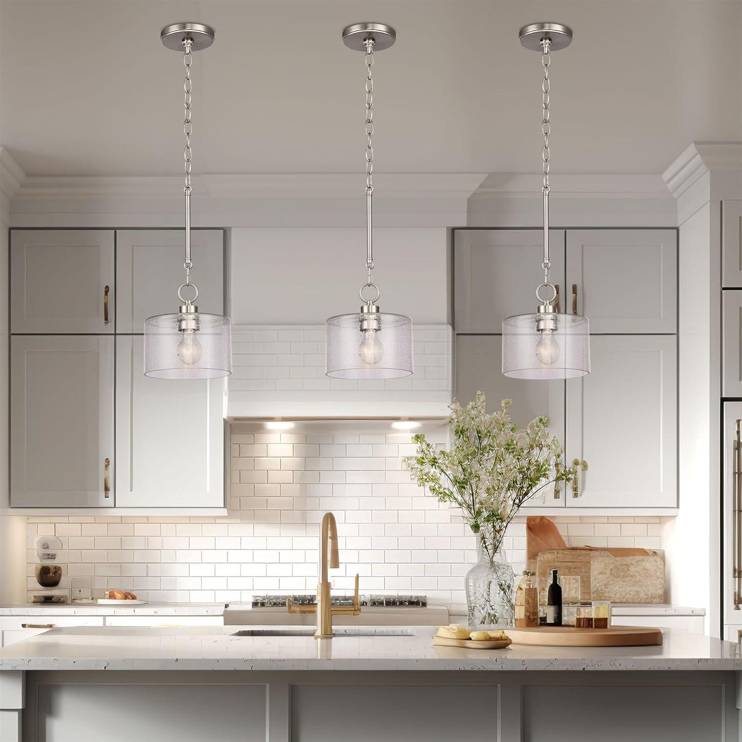 Kira Home Avalon 17" Modern Pendant Light + Seeded Glass Shade, Adjustable Height, Brushed Nickel Finish