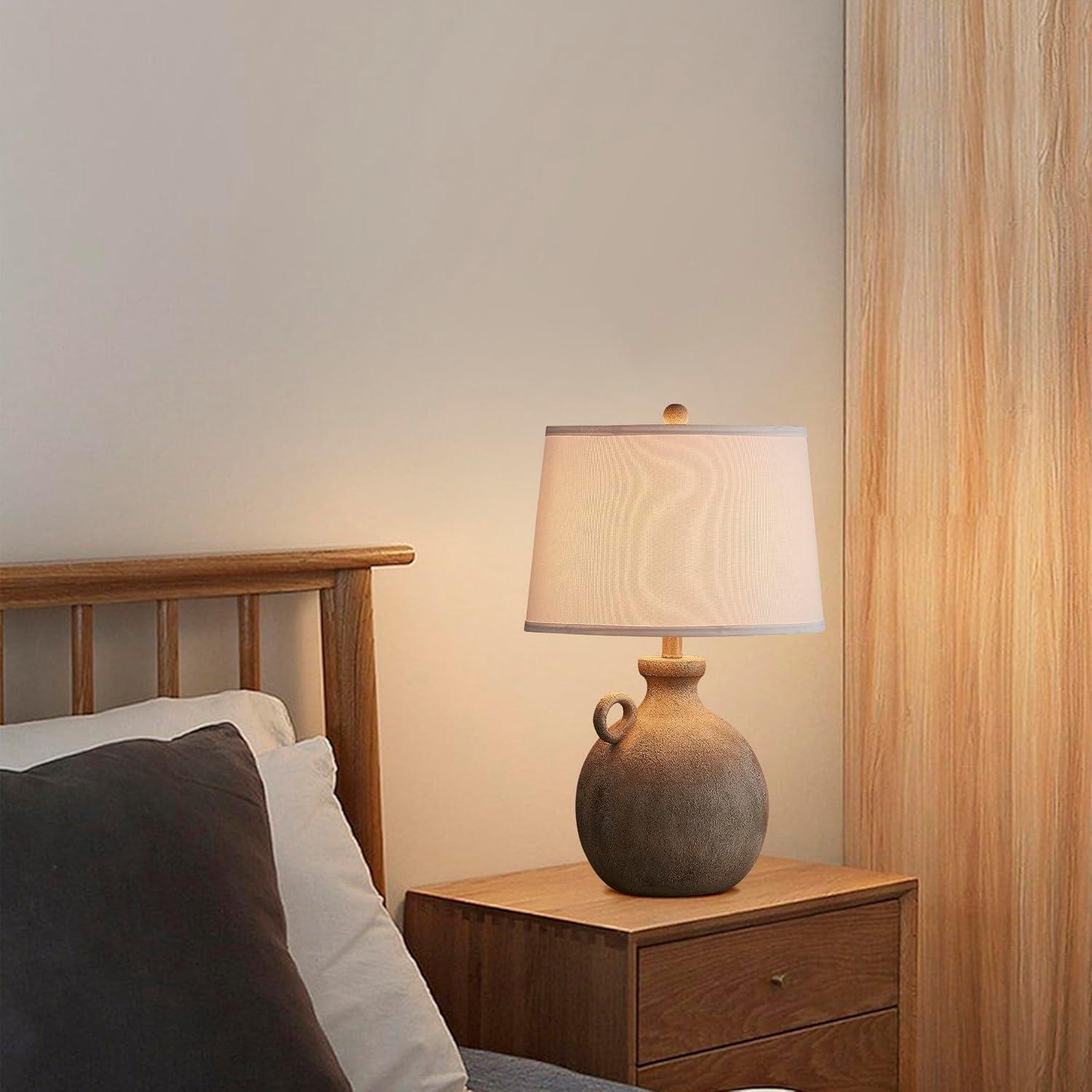 Rustic Beige Resin Table Lamp with White Linen Shade