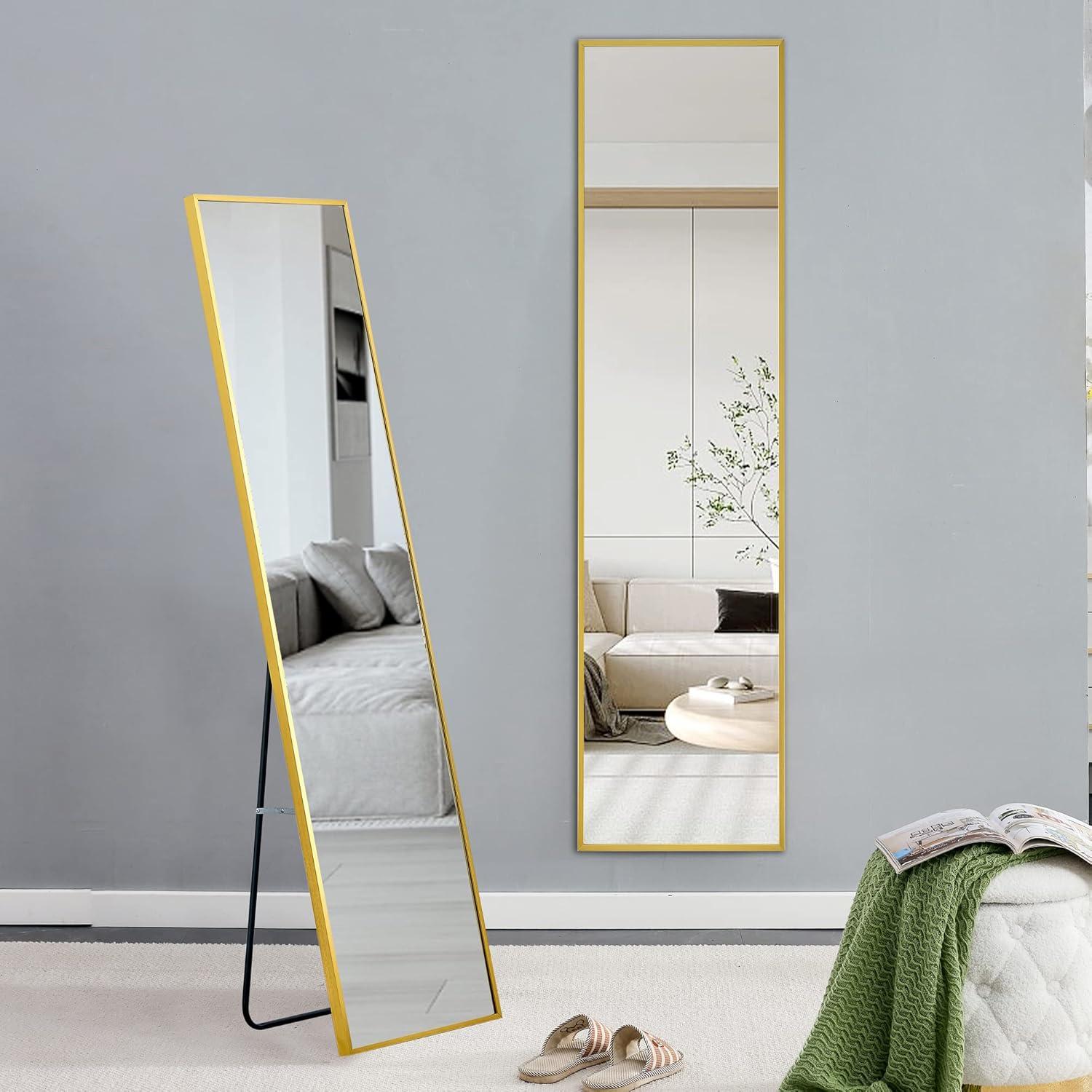 Full Length Mirror with Stand, 63""*20""Floor Mirror with Aluminum Alloy Frame, Standing Full Body Mirror,Wall-Mounted Mirrors,for Living Room,Bedroom,Cloakroom,Golden