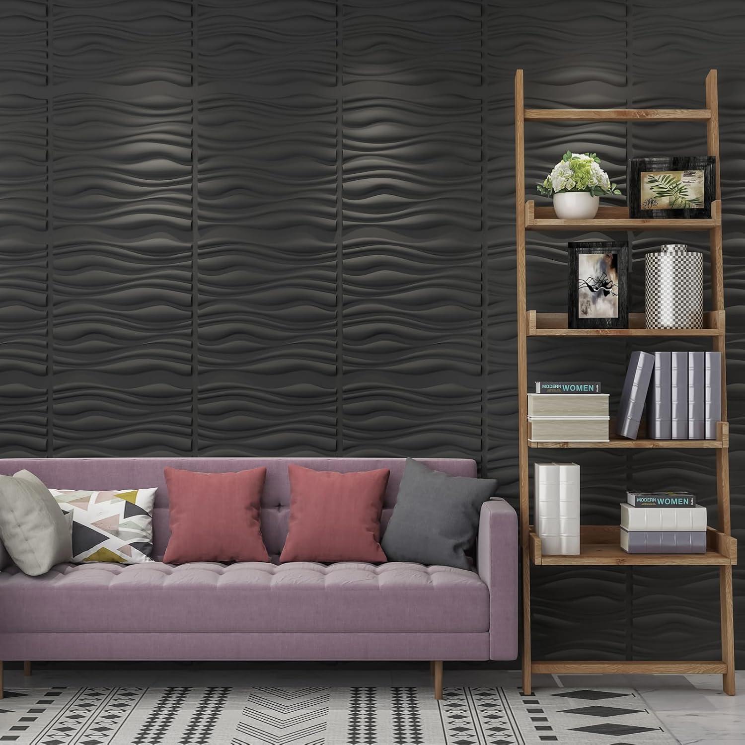 Black Textured PVC 3D Wave Wall Panels, 19.7" x 19.7" (12 Pack)