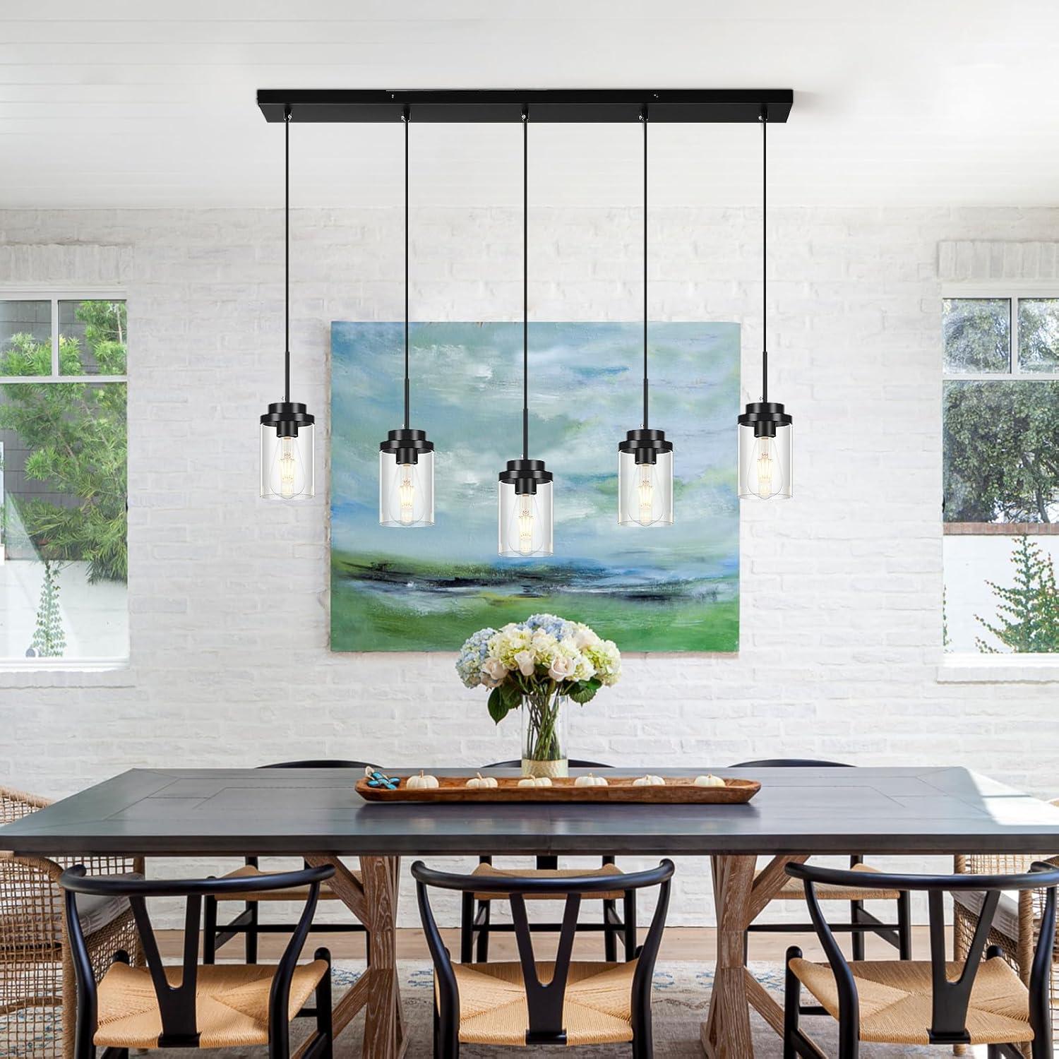 Black Metal and Clear Glass 5-Light Linear Chandelier