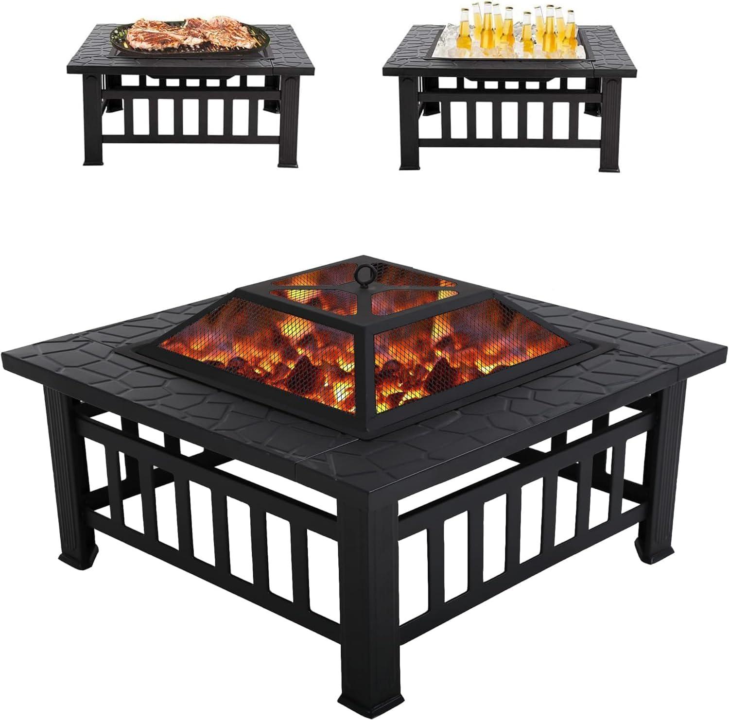 FDW Fire Pit 32in Square Metal Firepit Patio BBQ Fireplace with Charcoal Rack Mesh Cover Poker for Camping Bonfire Picnic Outdoor Heating