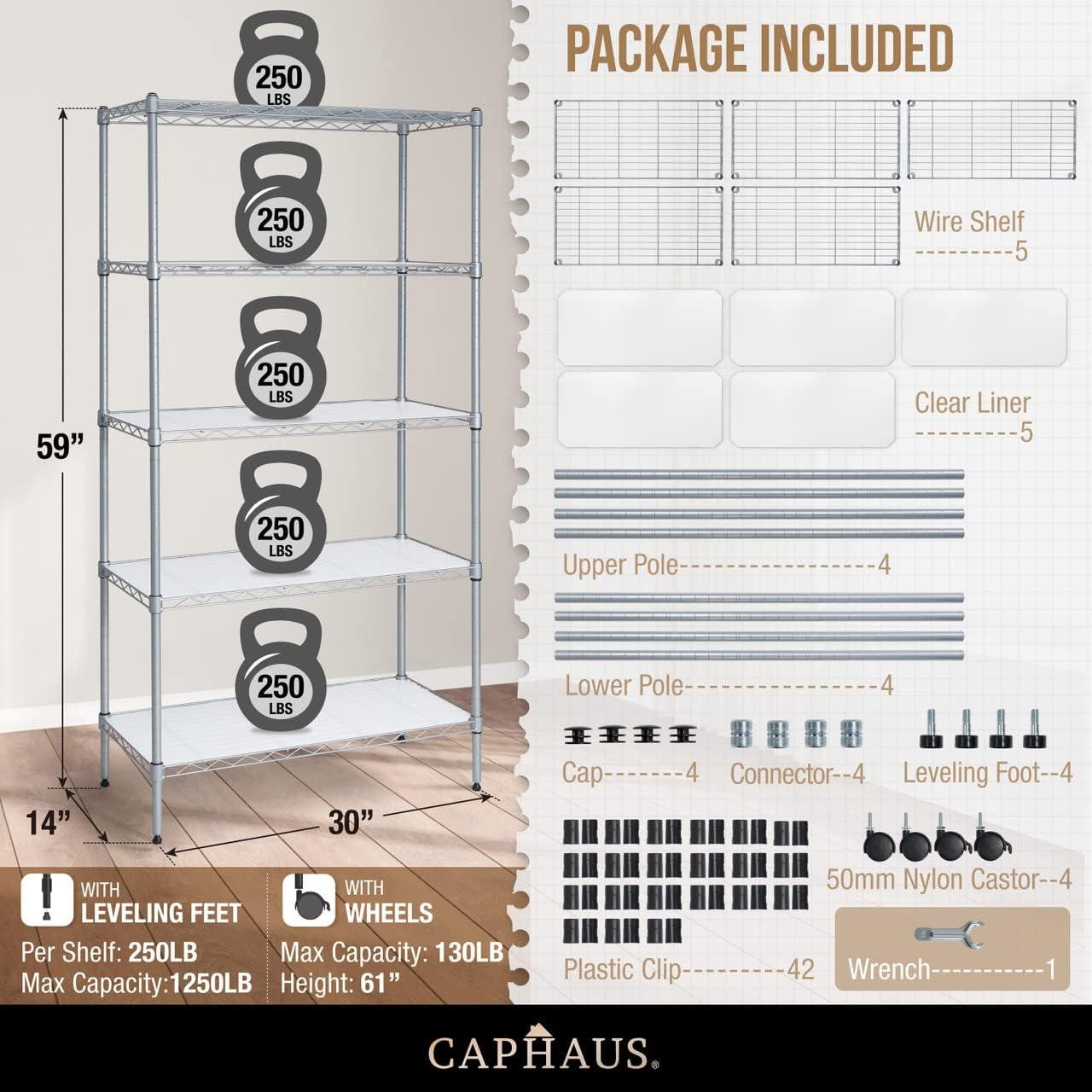 CAPHAUS NSF Commercial Grade Heavy Duty Wire Shelving w/ Wheels, w/ Liner, 36 x 18 x 76 5-Tier