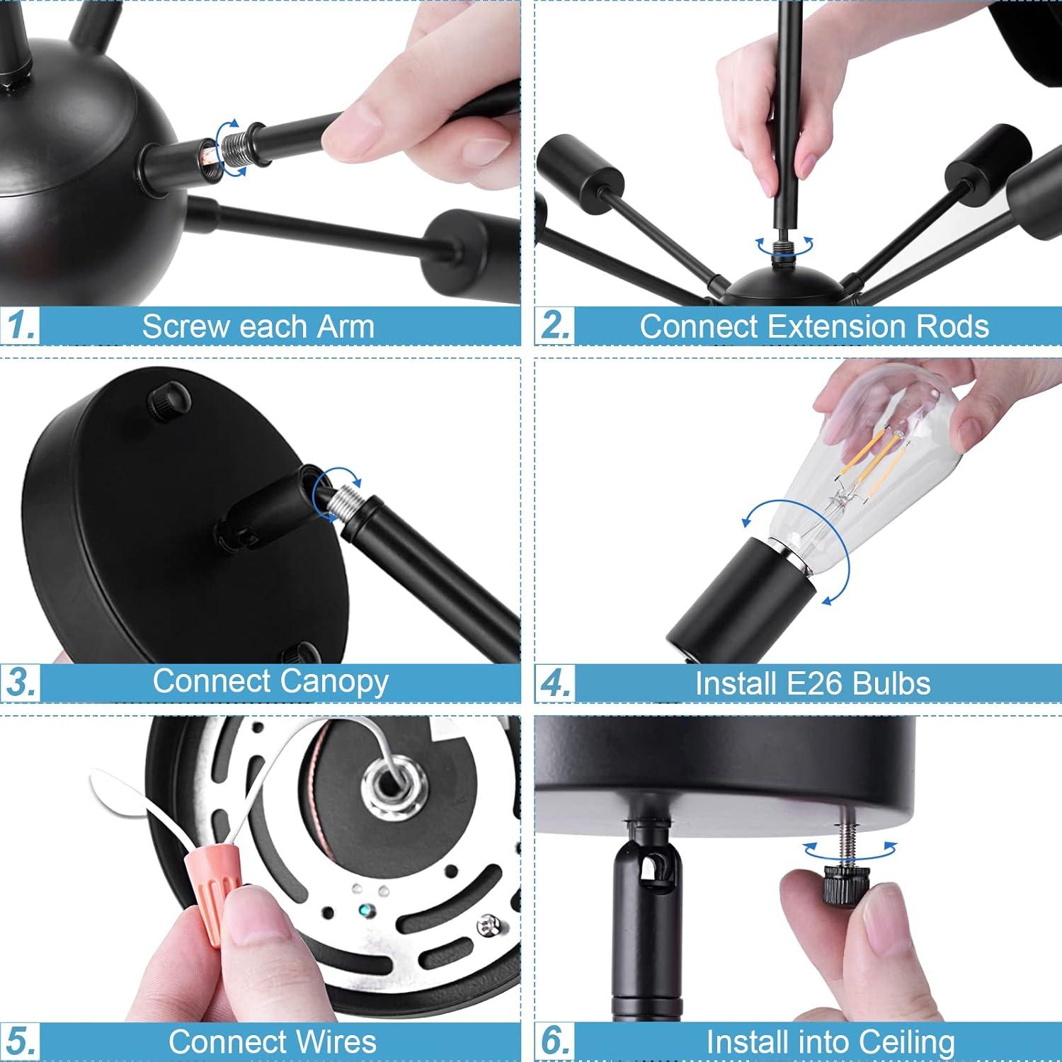 SineRise Sputnik Chandeliers Black, 8 Lights Modern Sputnik Lighting Fixture with Adjustable Height for Dining Room, Living Room, Kitchen, Bedroom and Hallway