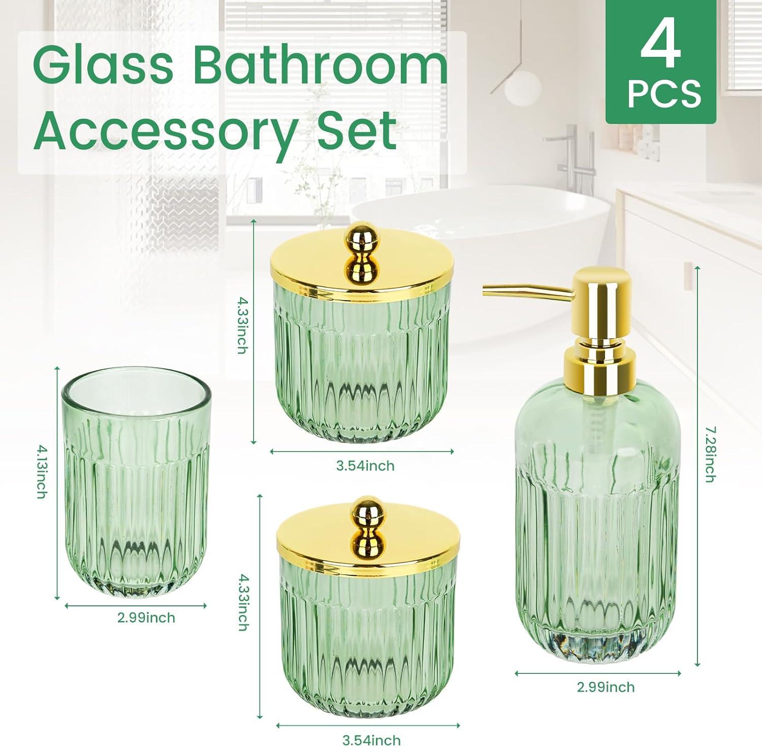 Green Glass Bathroom Accessories Set with Gold Accents, 4 Pieces