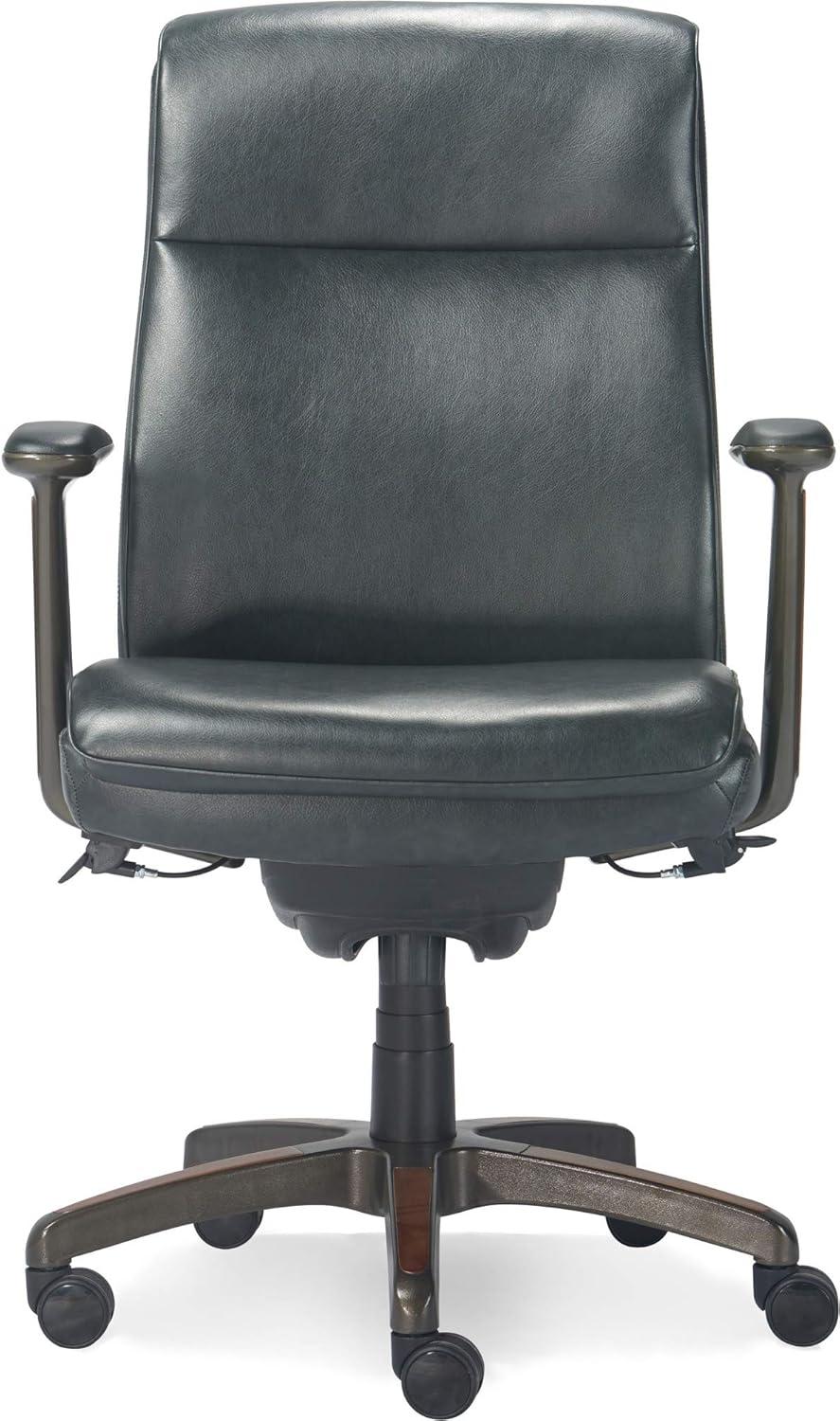 Executive High-Back Black Leather Swivel Office Chair with Wood Accents