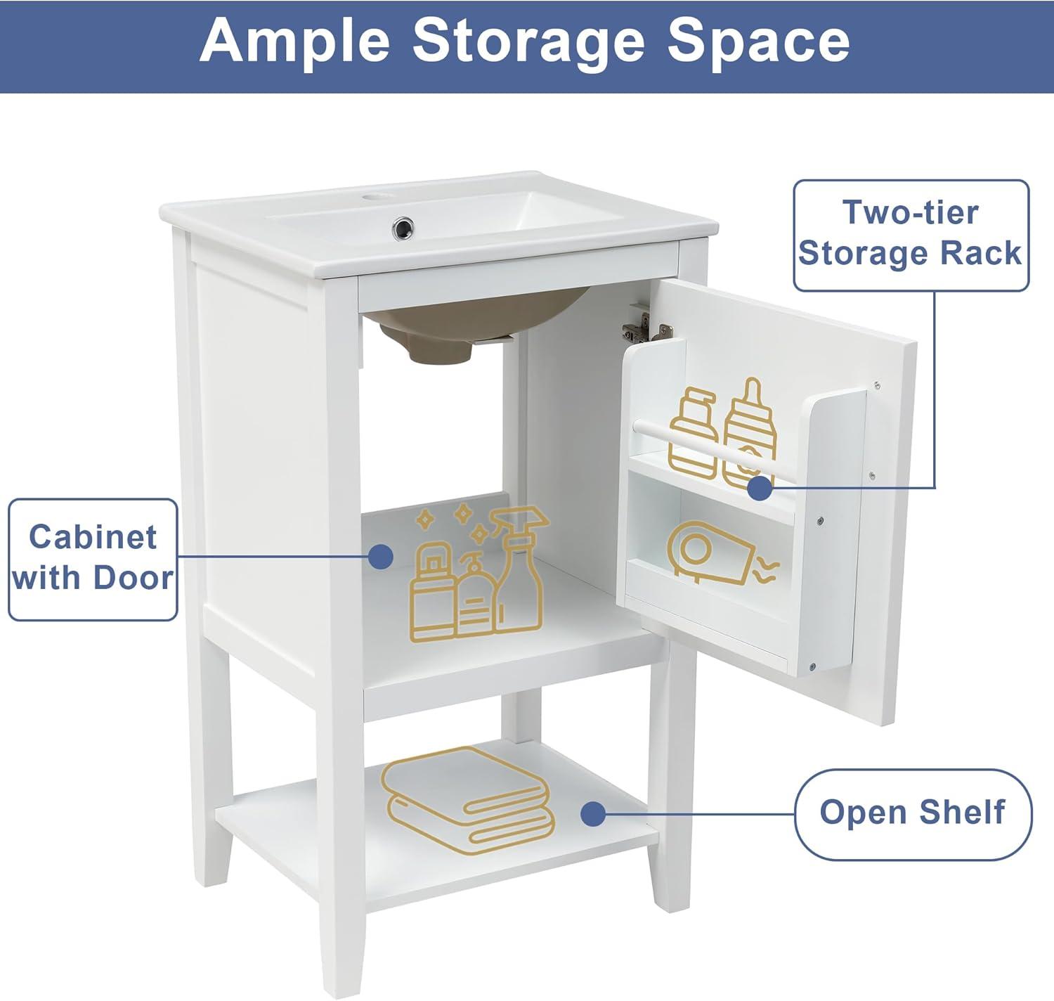 20" White Freestanding Bathroom Vanity with Ceramic Sink and Storage