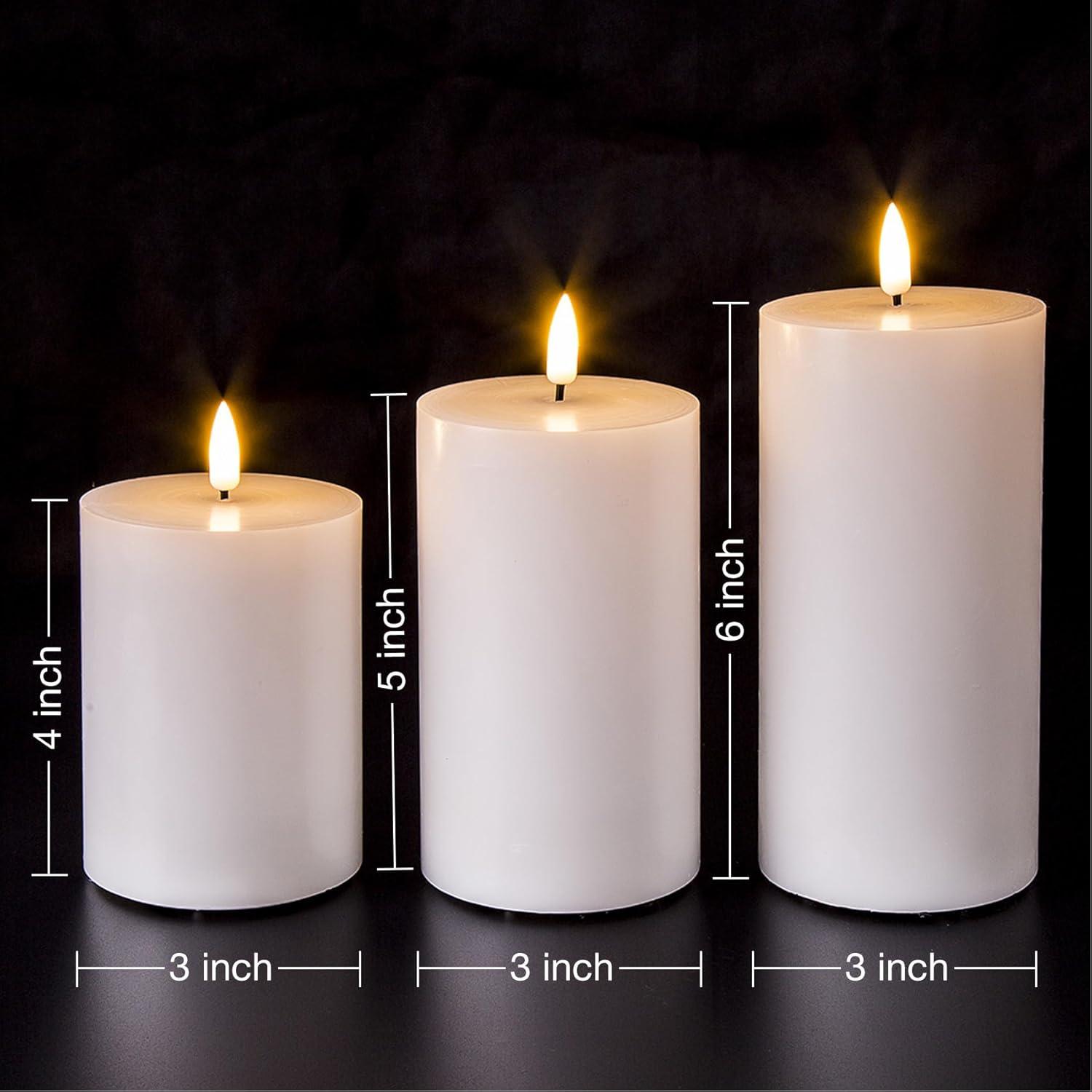 Eywamage 3 Pack White Flameless Pillar Candles with Remote D 3" H 4" 5" 6", Flat Top Flickering Electric LED Battery Candles, Real Wax Unscented