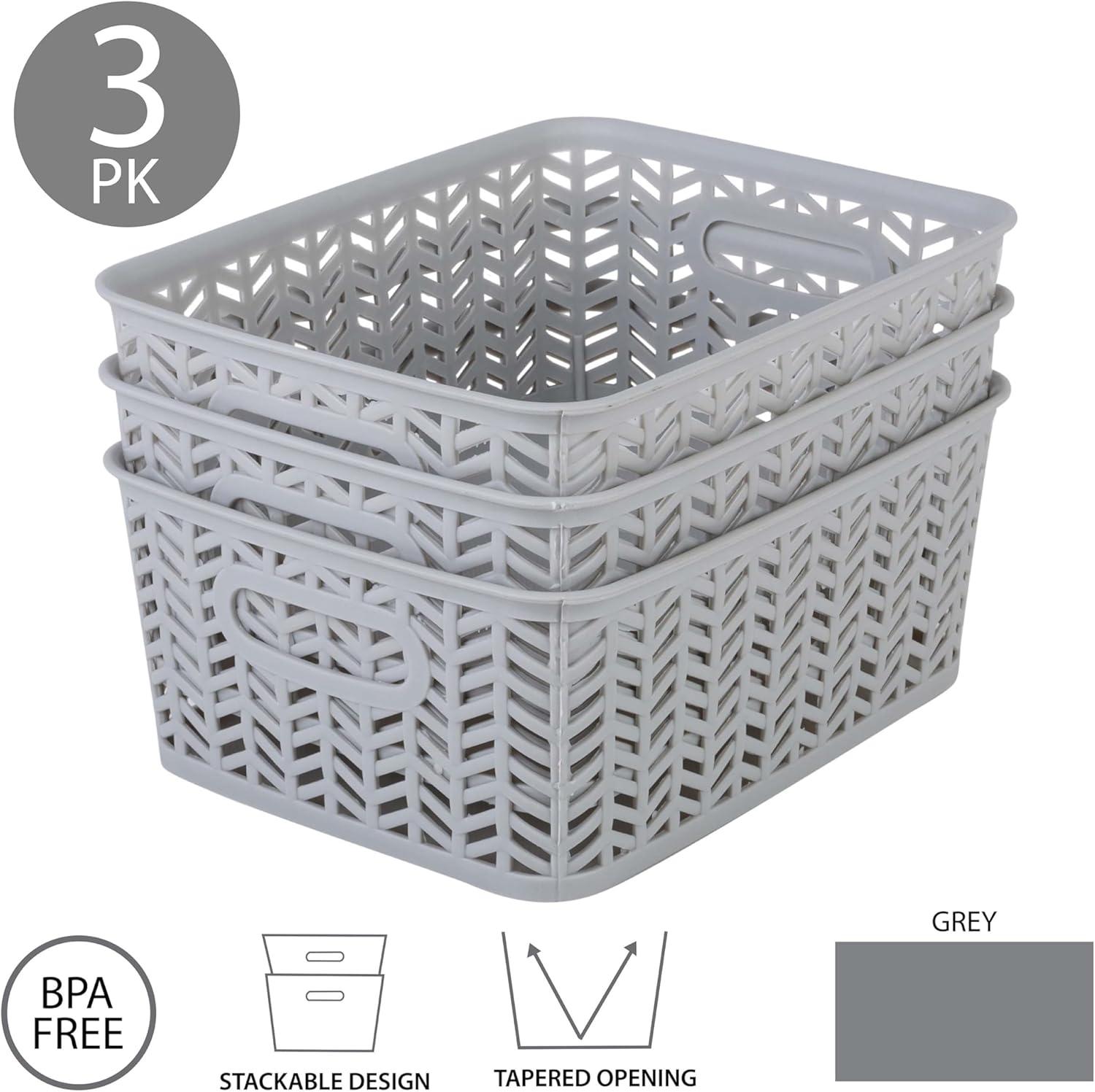 Simplify 3 Pack Small Herringbone Plastic Storage Basket In Grey