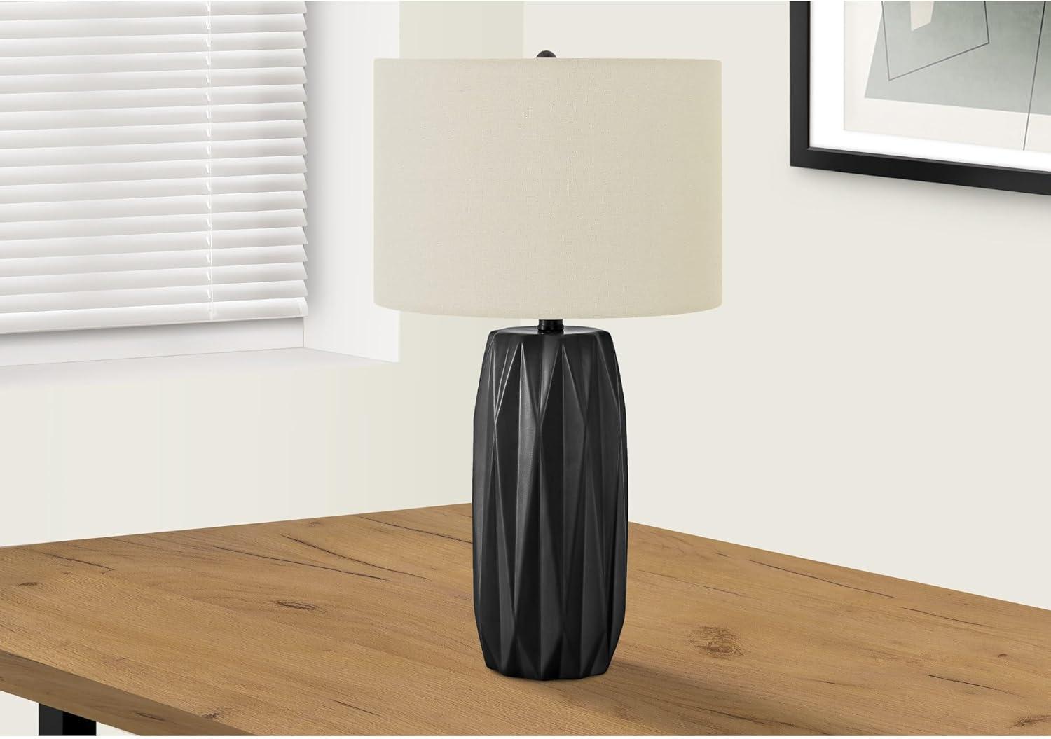 Benjara Table Lamp, 25 Inch Black Textured Ceramic Base, Ivory Fabric Shade