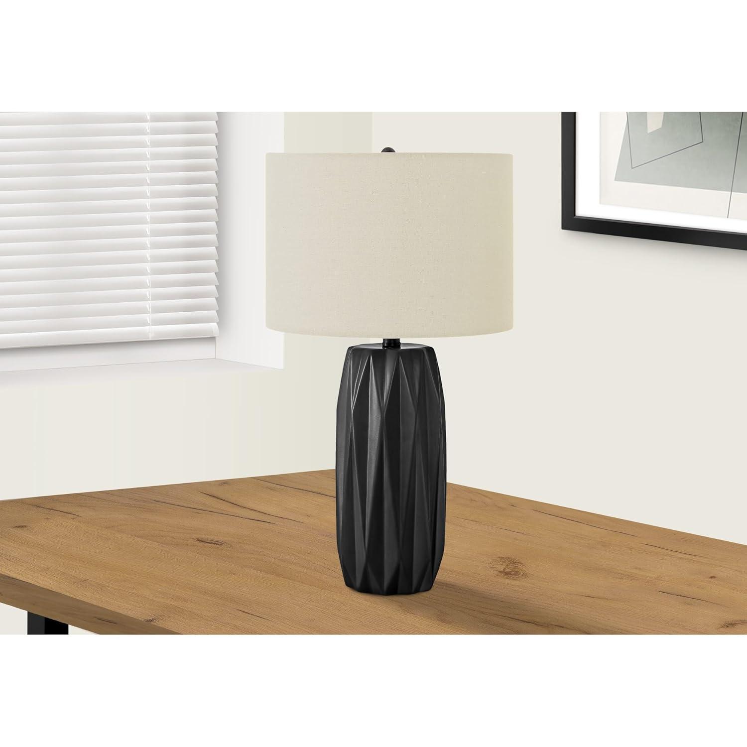 Benjara Table Lamp, 25 Inch Black Textured Ceramic Base, Ivory Fabric Shade