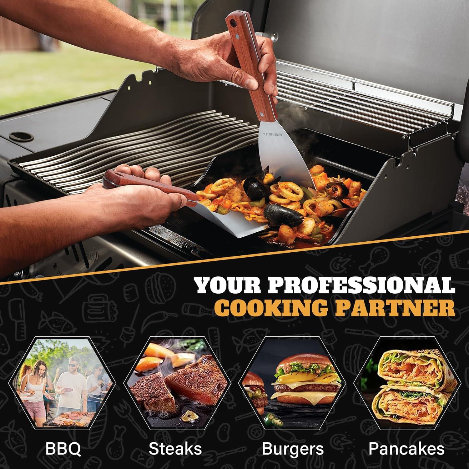 PURPLEBIRD Grill Utensils Set with Brush - 5pcs Grilling Tools Set with Bag Apron, Heavy Duty BBQ Tool Sets with Long Wood Handle, Stainless Grilling Accessories for Outdoor Grill