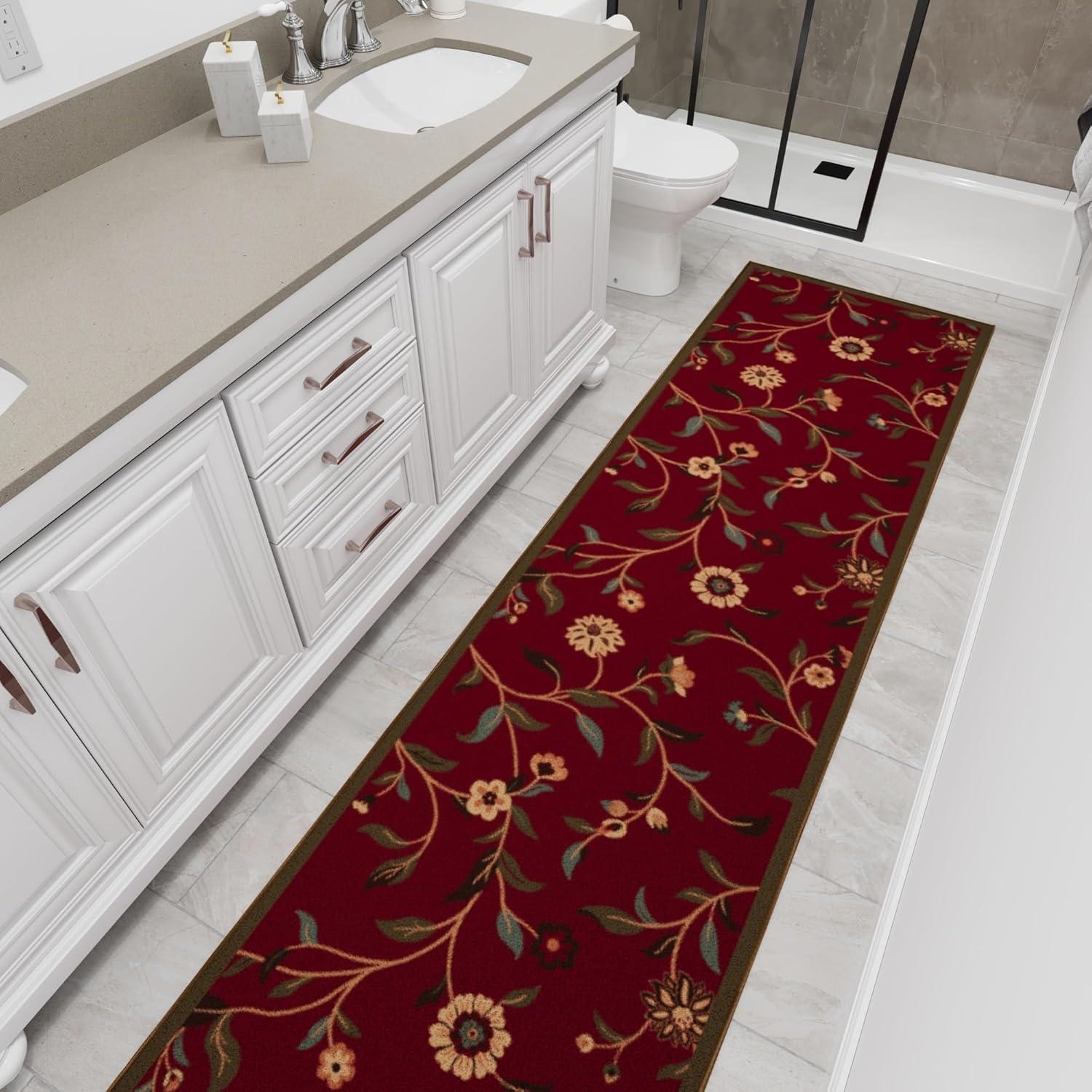 Ottohome Non-Slip Floral Leaves Area Rug For Living Room, Hallway, Entryway Rug, Dark Red