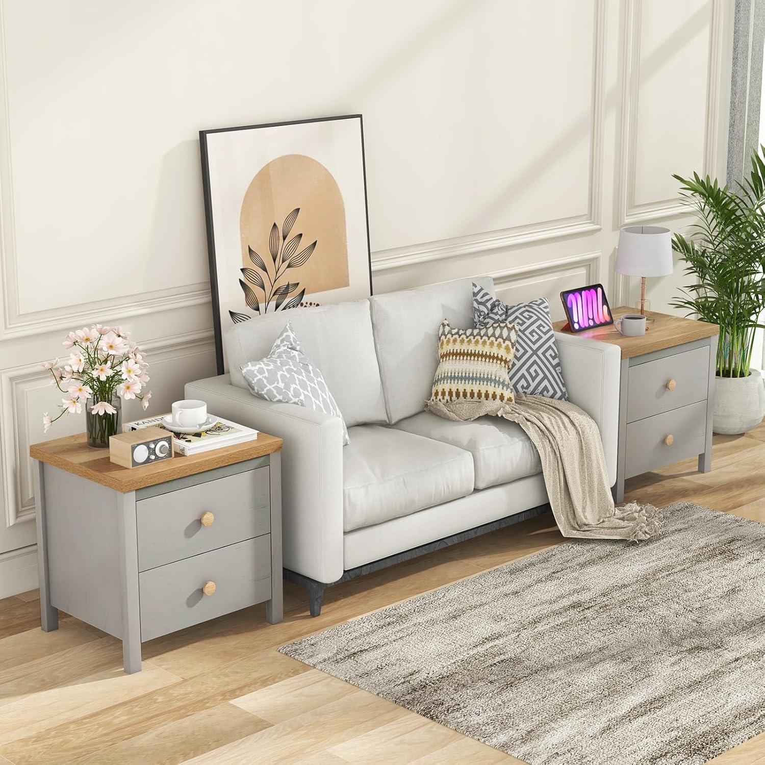 Giantex Night Stand with 2 Drawers, Farmhouse Bedside Table with Cute Round Knobs, Wooden Floor End Table with Rubber Wood Legs, Small Sofa Side Table for Small Space Kids Bedroom College, Grey