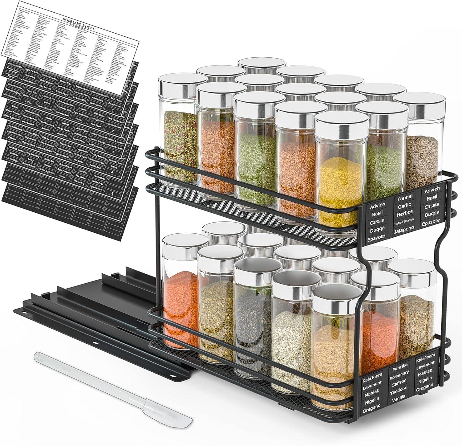 SpaceAid Heavy Duty Pull-Out Spice Rack Organizer for Cabinets – Slide-Out Seasoning Holder with Labels, 1 Drawer, 2-Tier