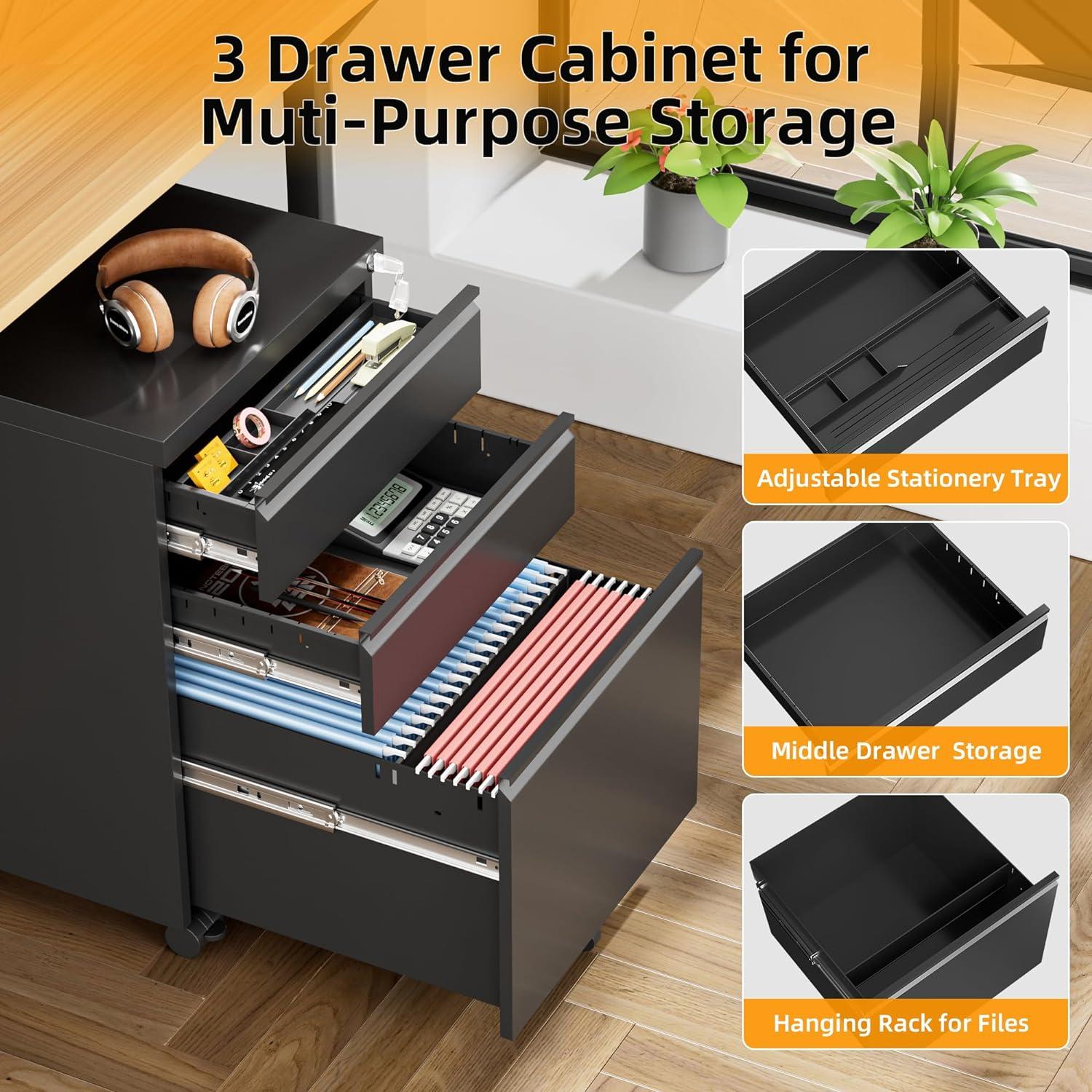 MIIIKO File Cabinet 3 Drawers on Wheels Under Desk, Black Metal Rolling File Cabinets with Lock for Home Office, Un-Assembled Filing Cabinet with Lock