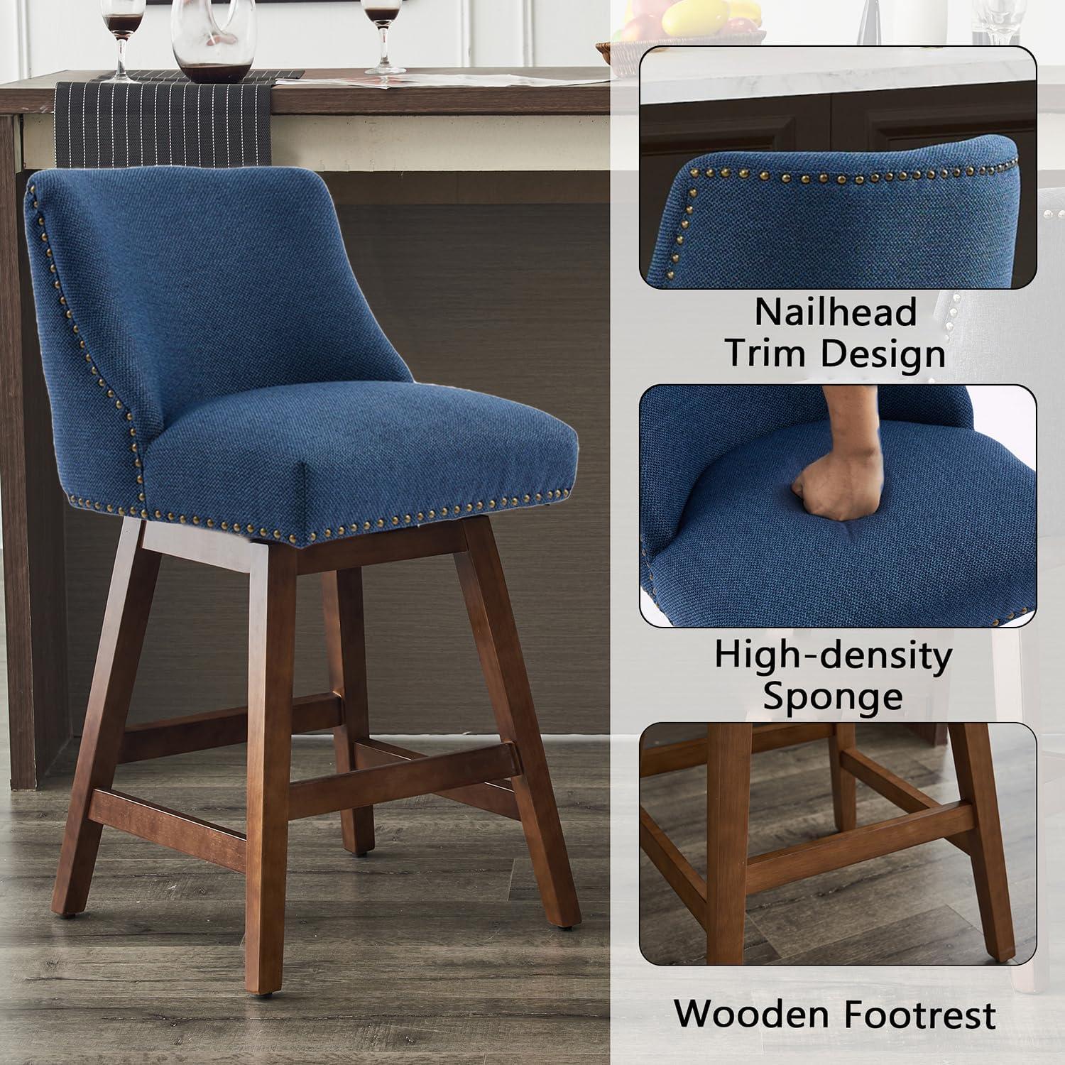 26" Swivel Bar Stools Set of 2, Modern Linen Fabric Counter Stools with Backs and Nail Head Design, Upholstered Barstools with Wood Frame for Kitchen Island, Beige
