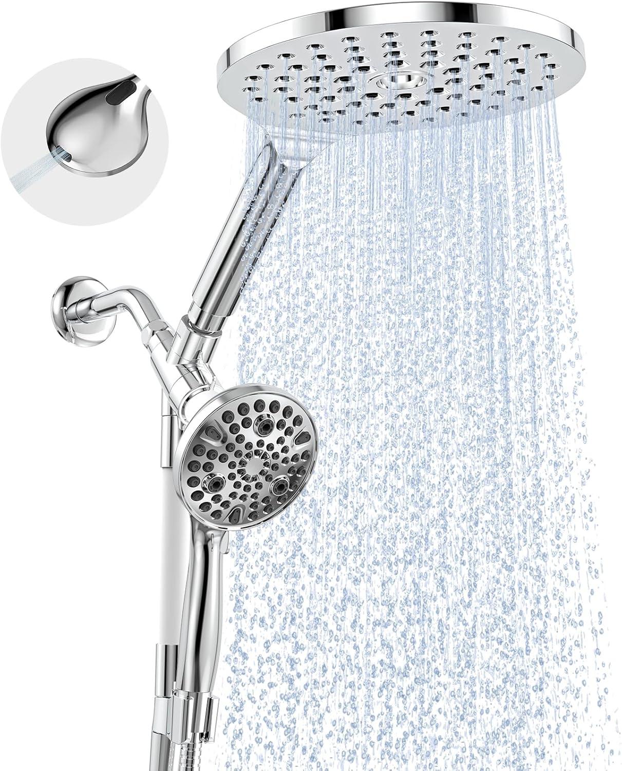 Dual Handheld Shower Head Combo, 2-in-1 Rain Shower Heads System 8 Inch Rainfall Shower Head and 10 Modes High Pressure Hand Held Showerhead with Built-in Power Wash
