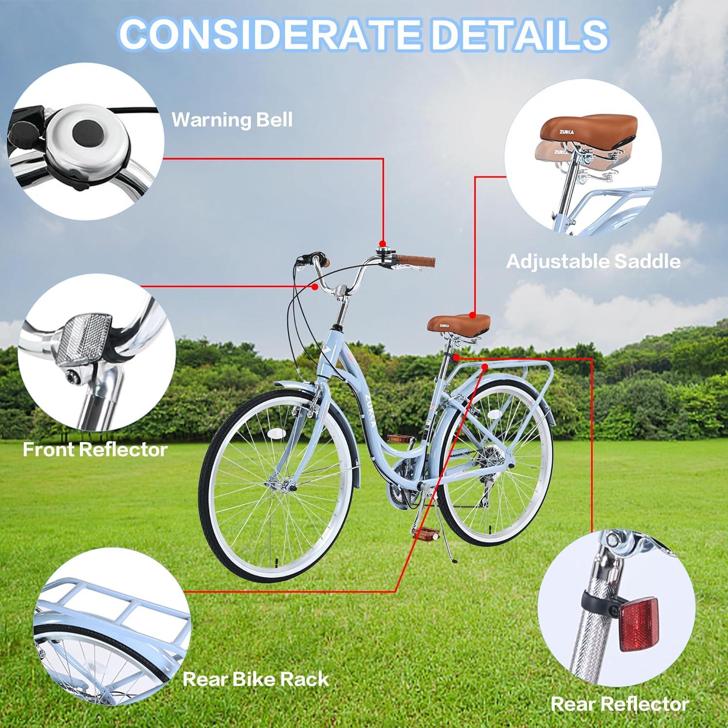 26" Womens Bike 7 Speeds Steel Frame Beach Cruiser Bike Comfort Ladies City Bike, Beige