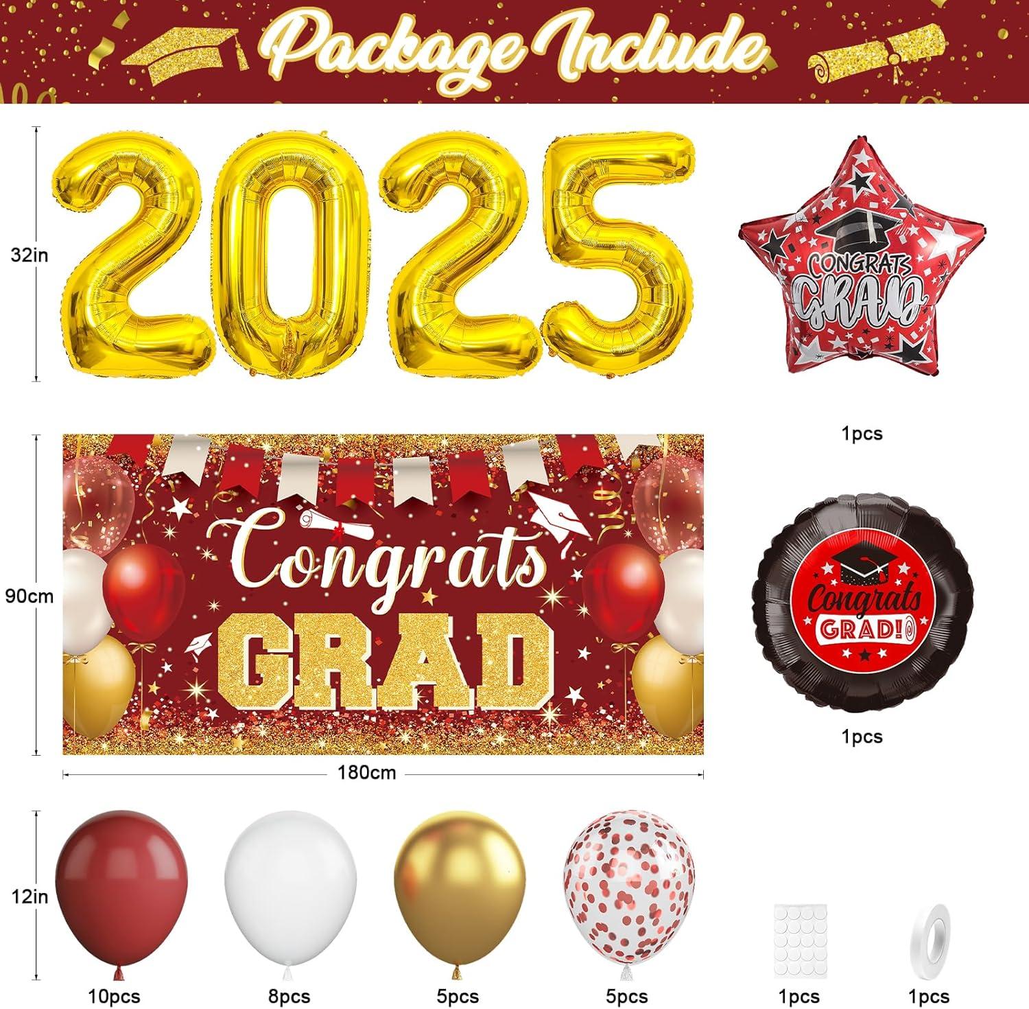 2025 Graduation Party Decoration, Red Gold Themed Set with Congrats Grad Banner, Balloons, Foil Number 2025 for Class of 2025 Graduation Party Supplies