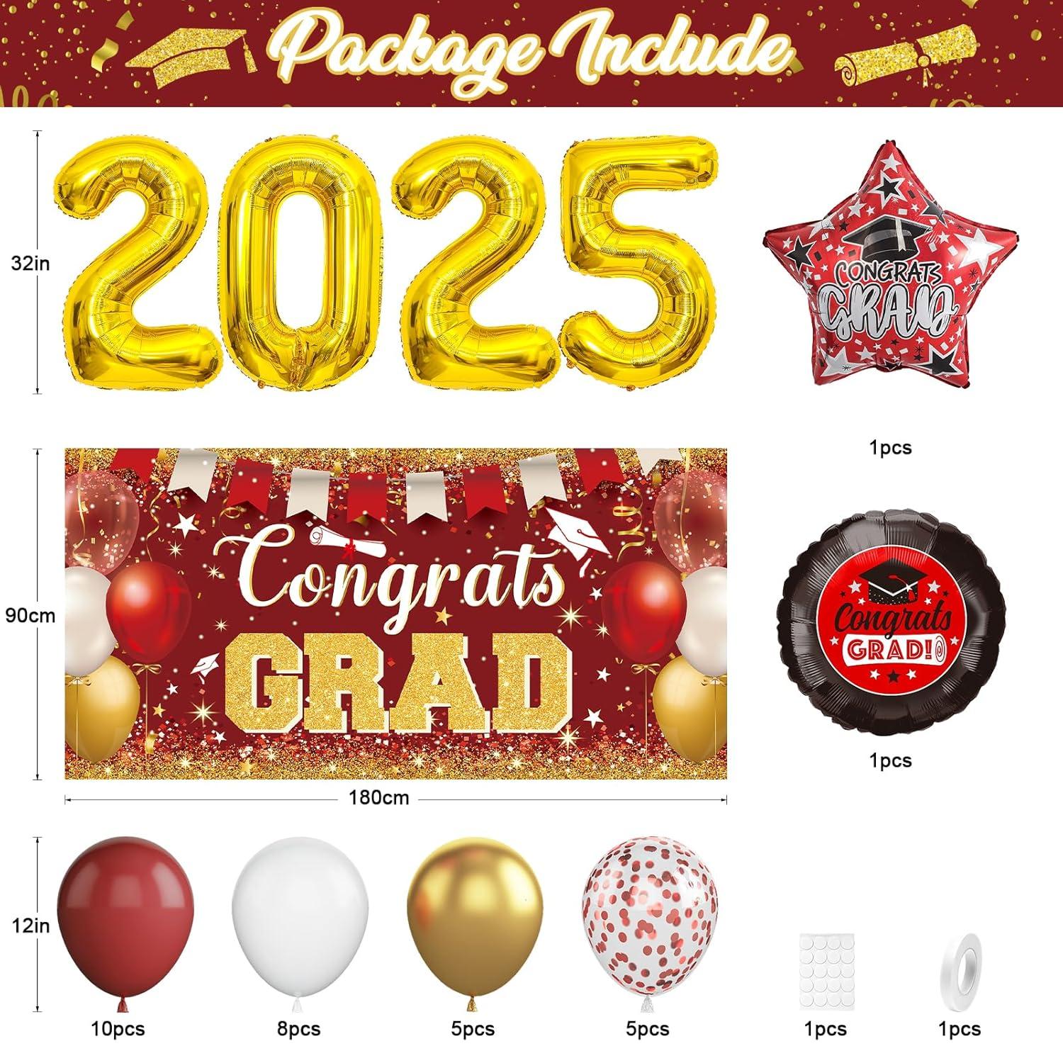 Graduation Party Decorations Class of 2025 Graduation Party Supplies Congrats Grad Banner Class of 2025 Backdrop, Paper Pompoms, Balloons for Congrats Grad Party Decorations (Burgundy-Gold)