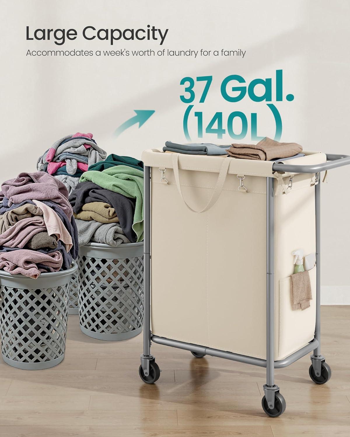 SONGMICS Laundry Basket with Wheels, 2-Section Rolling Laundry Hamper, 37 Gallons (140 L), Removable Liner, Steel Frame with Handle, 27.2 x 15.4 x 31.9 Inches, Cream White URLS004W01