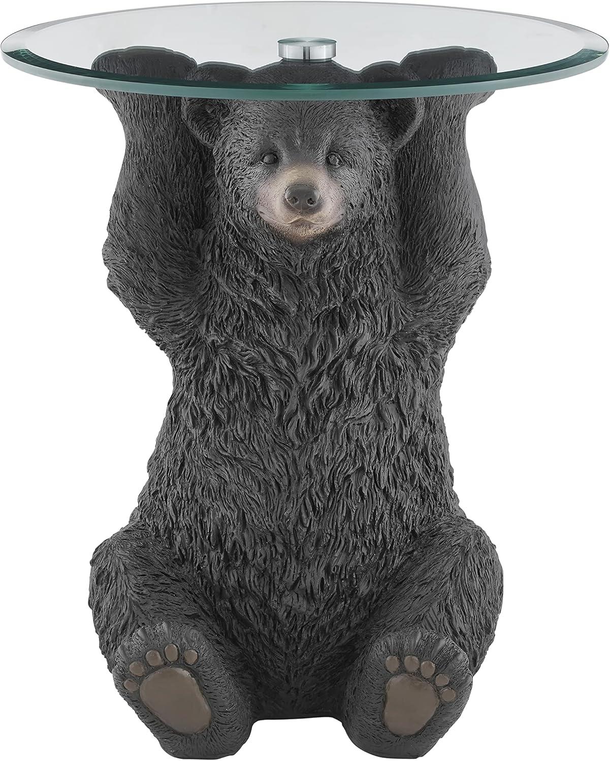 Linon Barney Bear Resin Accent Table Glass Top with Beveled Edge in Dark Brown