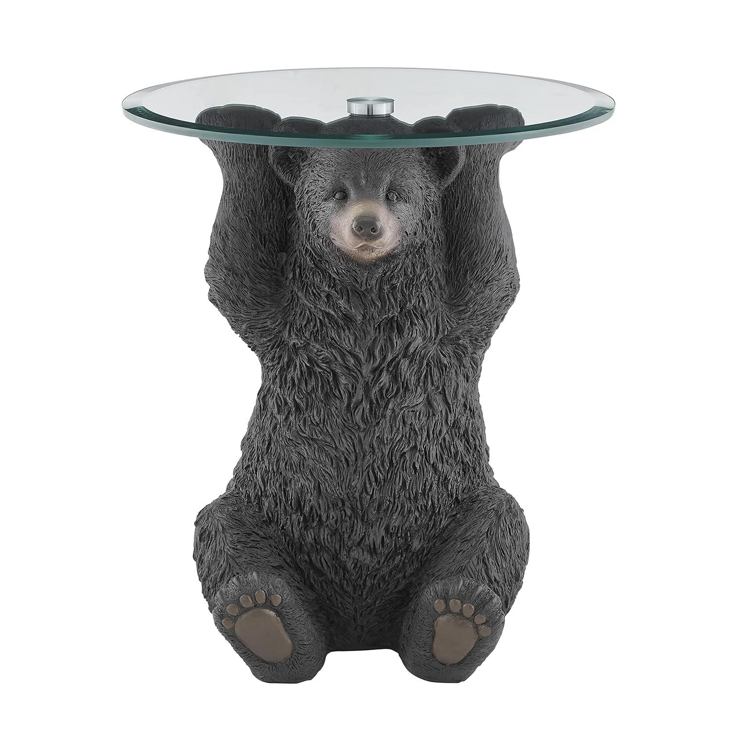 Linon Barney Bear Resin Accent Table Glass Top with Beveled Edge in Dark Brown