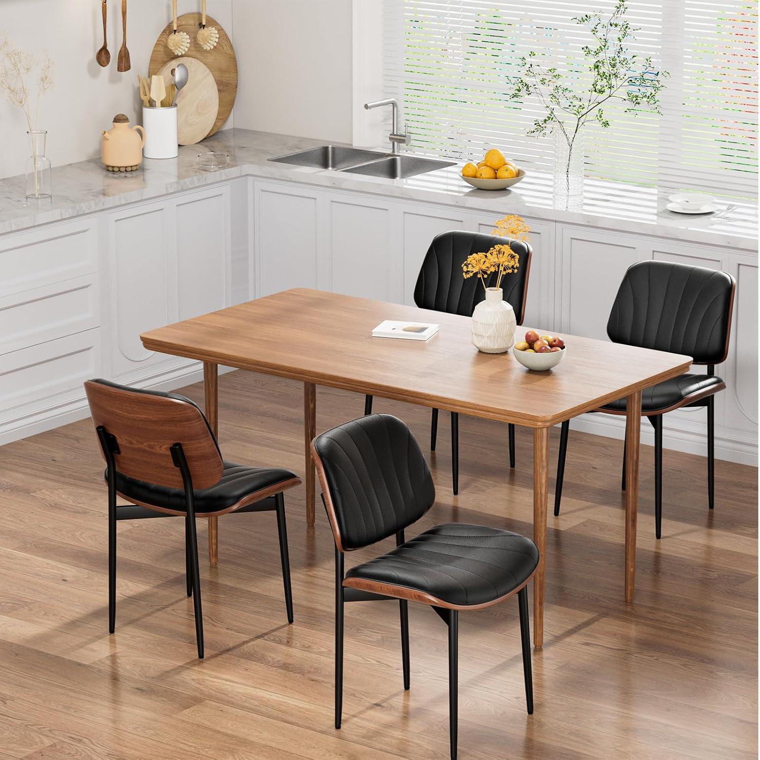 Dining Chairs Set of 2, Mid Century Modern Retro Faux Leather Chair with Walnut Bentwood Back, Upholstered Seat Metal Legs & Adjustable Foot for Kitchen Dining Room Chairs(Black PU)