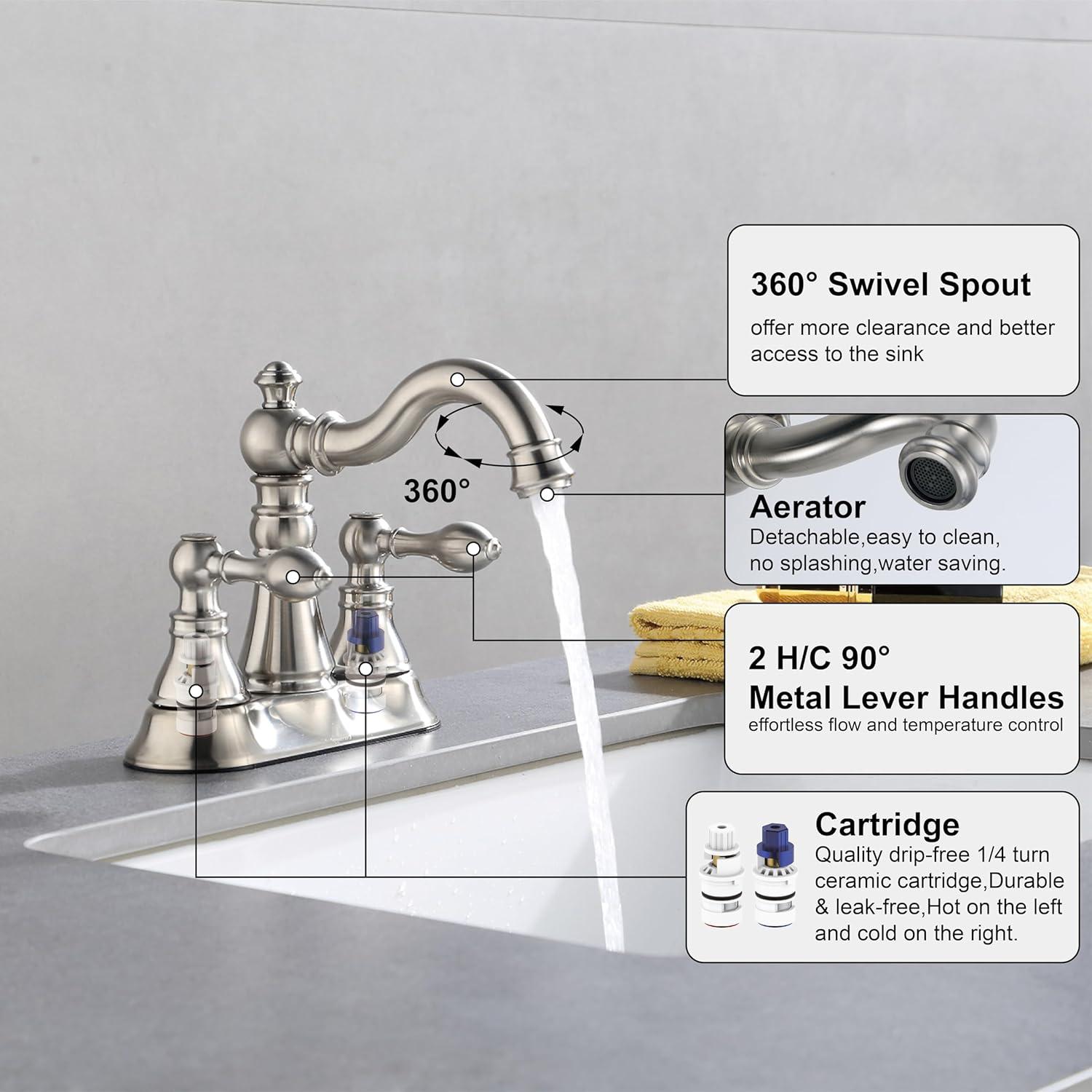 Two Handles Brushed Nickel Bathroom Faucet 3 Hole Sink Faucet with Overflow Pop up Drain, 360° Swivel Spout 4 Inch Centerset Lavatory Faucet Without Water Supply Lines,F-4501-BN