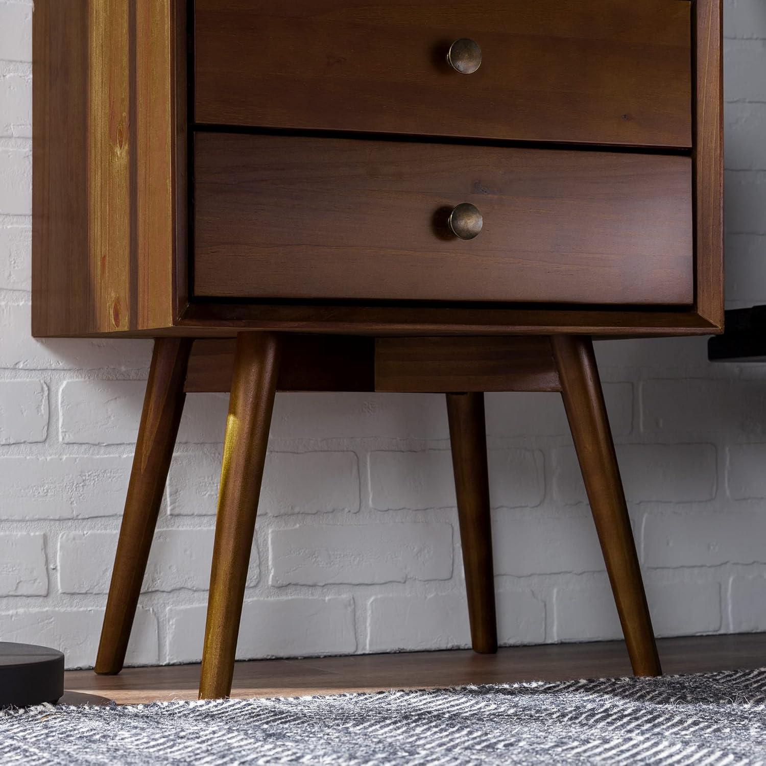 Walnut Pine Wood 2-Drawer Mid-Century Modern Nightstand