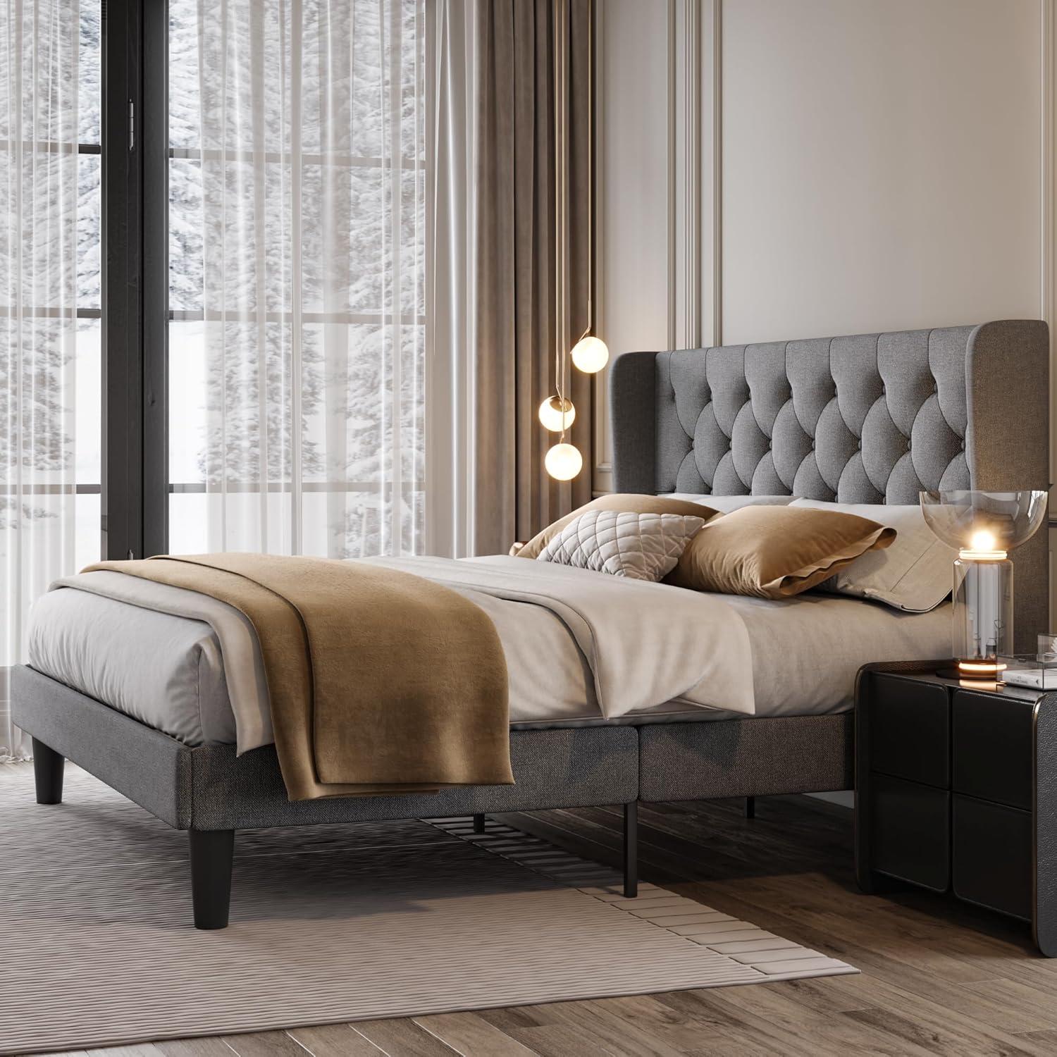 Allewie King Size Upholstered Platform Bed Frame with Fabric Wingback Button Tufted Headboard, Light Grey
