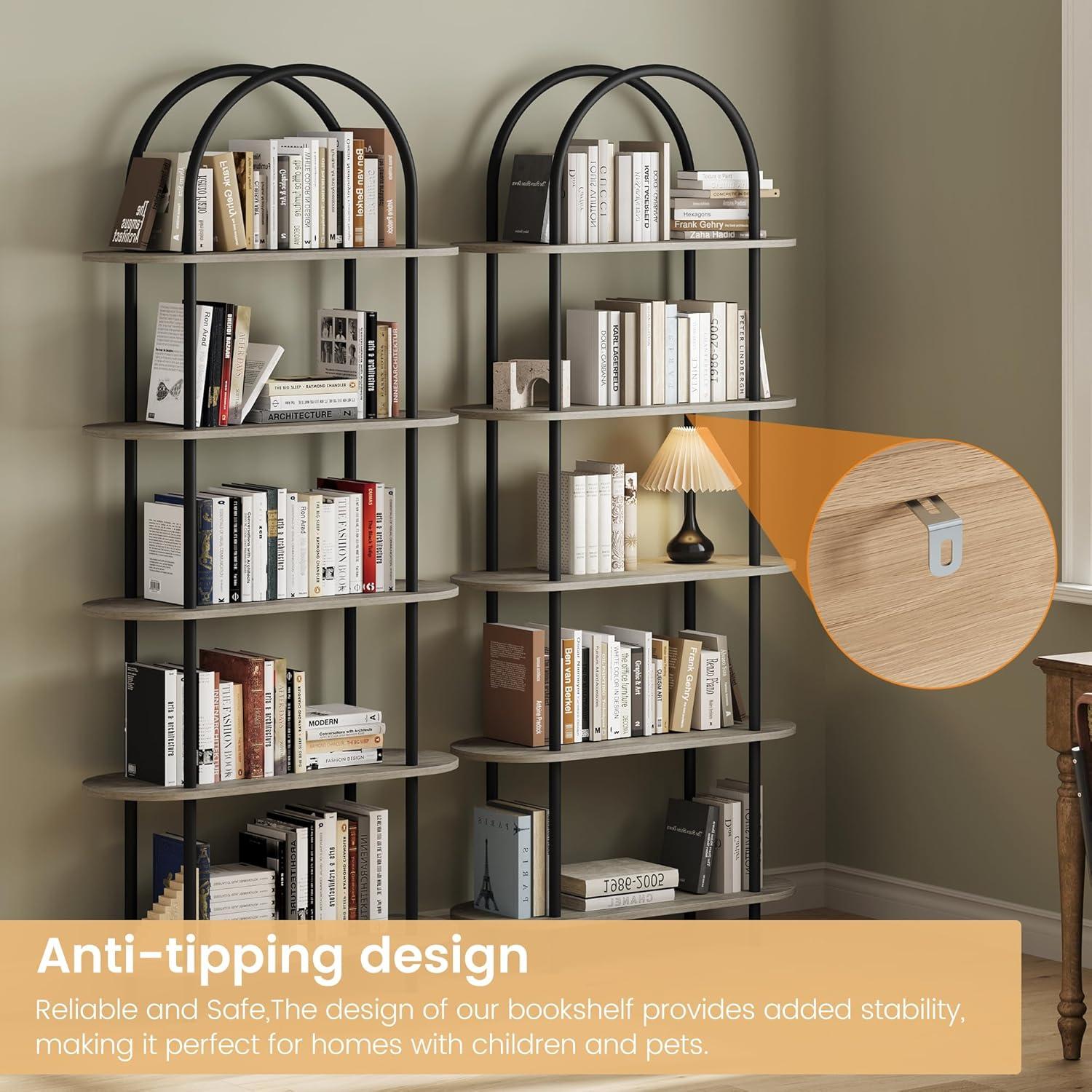 Black and Retro Five-Tier Arched Metal and Wood Bookshelf