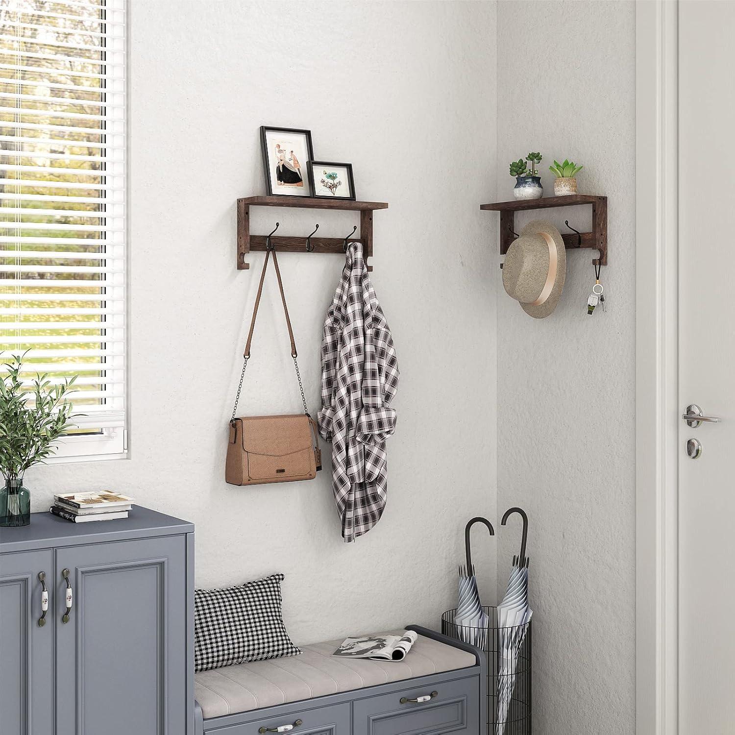 Brown Wood Wall-Mounted Entryway Shelf with Hooks