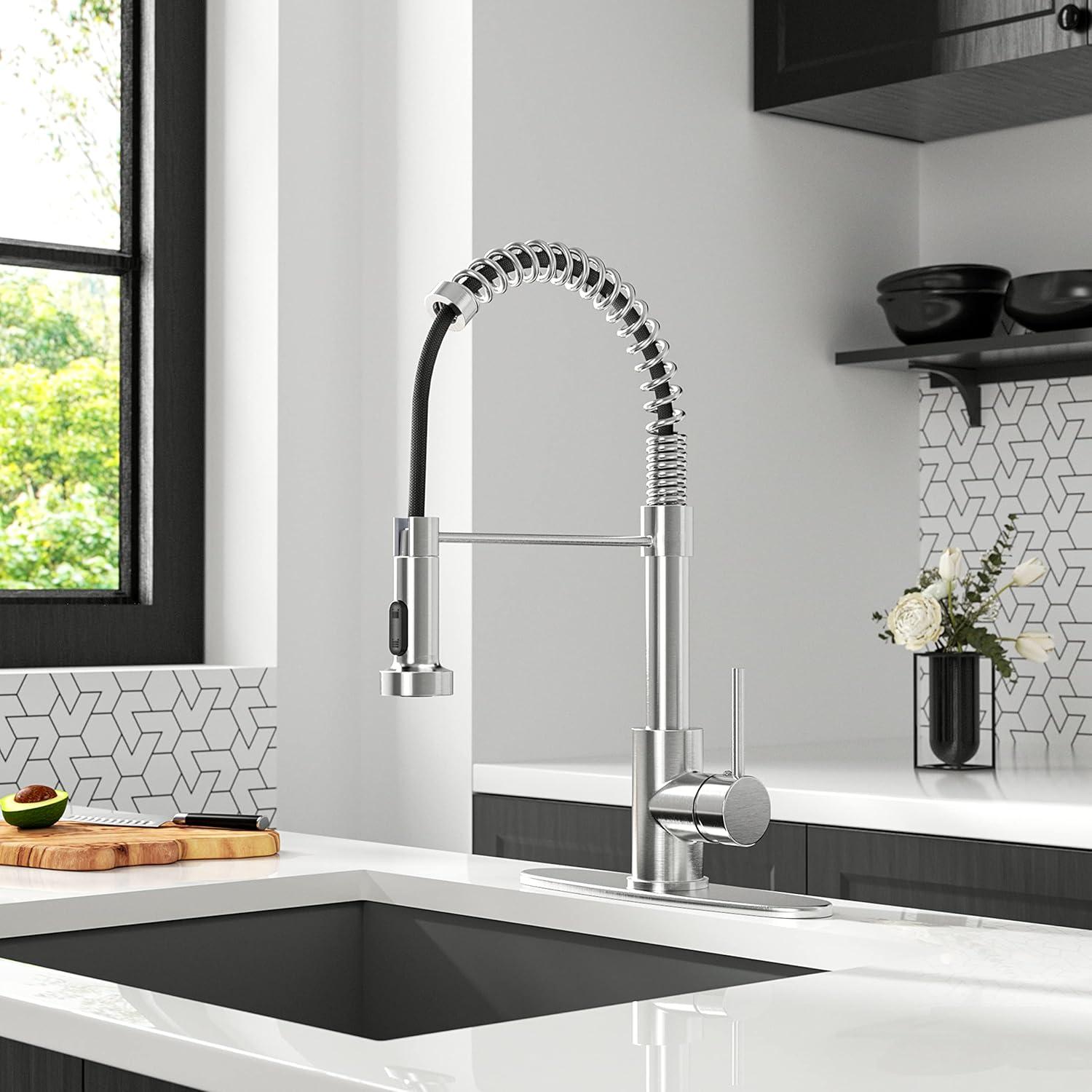 Coliware Kitchen Sink Faucet Brushed Nickel with Pull Down Sprayer, Stainless Steel Spring Kitchen High Arc Commercial Faucets with Deck Plate 1 or 3 Hole