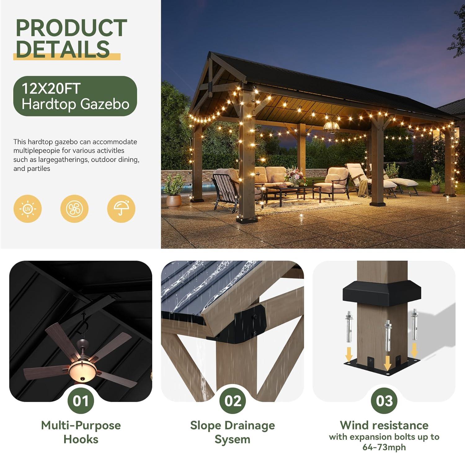 Aoxun 12' x 20' Outdoor Wood Gazebo, Hardtop Gazebo Permanent Wooden Pavilion with Galvanized Steel Gable Roof, for Patio, Garden, Deck, Cedar Wood