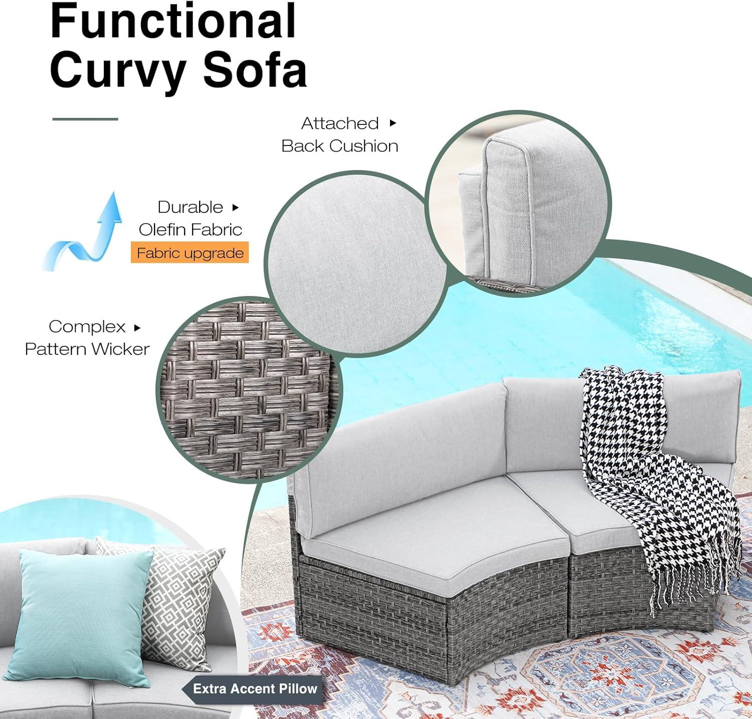 SUNSITT Outdoor Patio Furniture Sectional 7-Piece Half-Moon Curved Outdoor Sofa Set with Round Coffee Table, 4 Pillows & Waterproof Cover, Grey Rattan