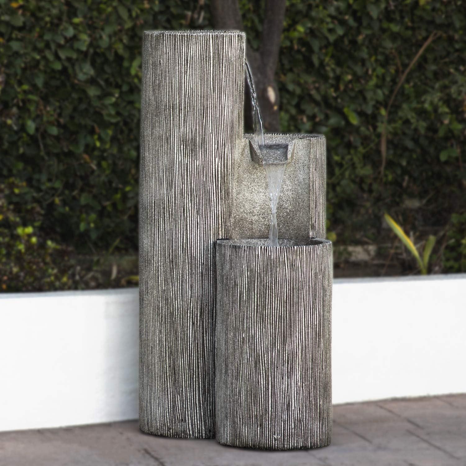 41" Resin Outdoor Tiering Column Zen Fountain with LED Lights Gray - Alpine Corporation