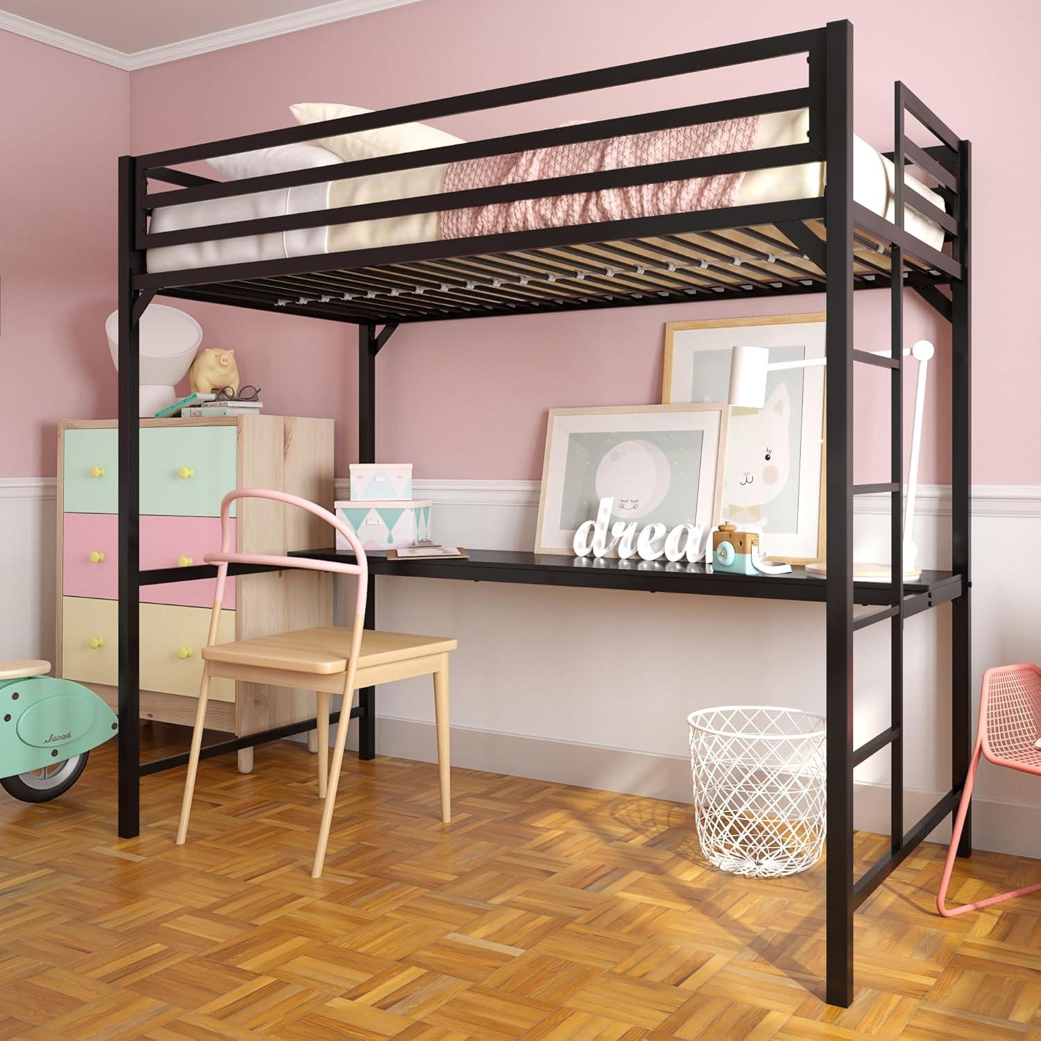 DHP Miles Metal Twin Loft Bed with Desk, White