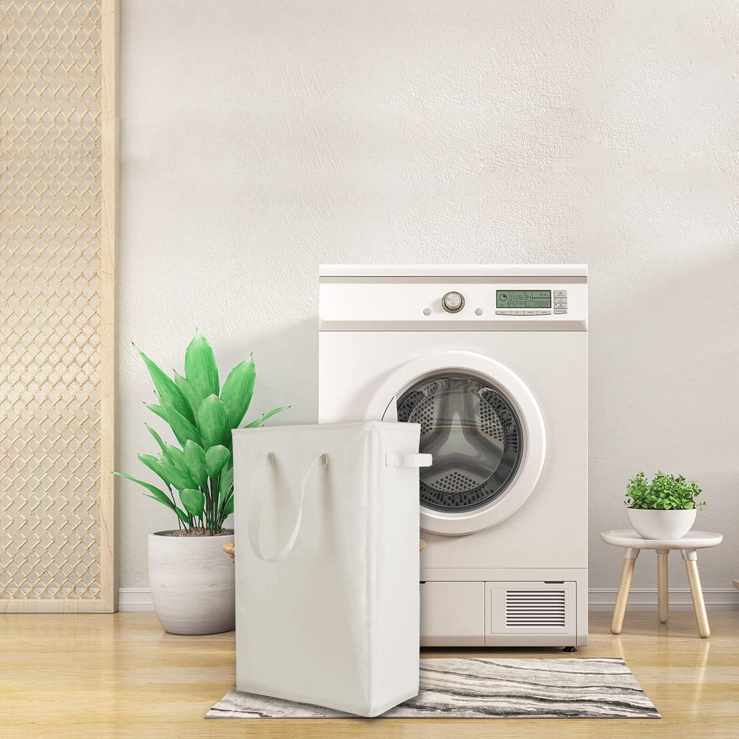 Odonata Slim Laundry Hamper Handles Collapsible Laundry Basket Thin Dirty Clothes Basket Narrow Laundry Bag Foldable Dirty Hamper 45L (Beige)