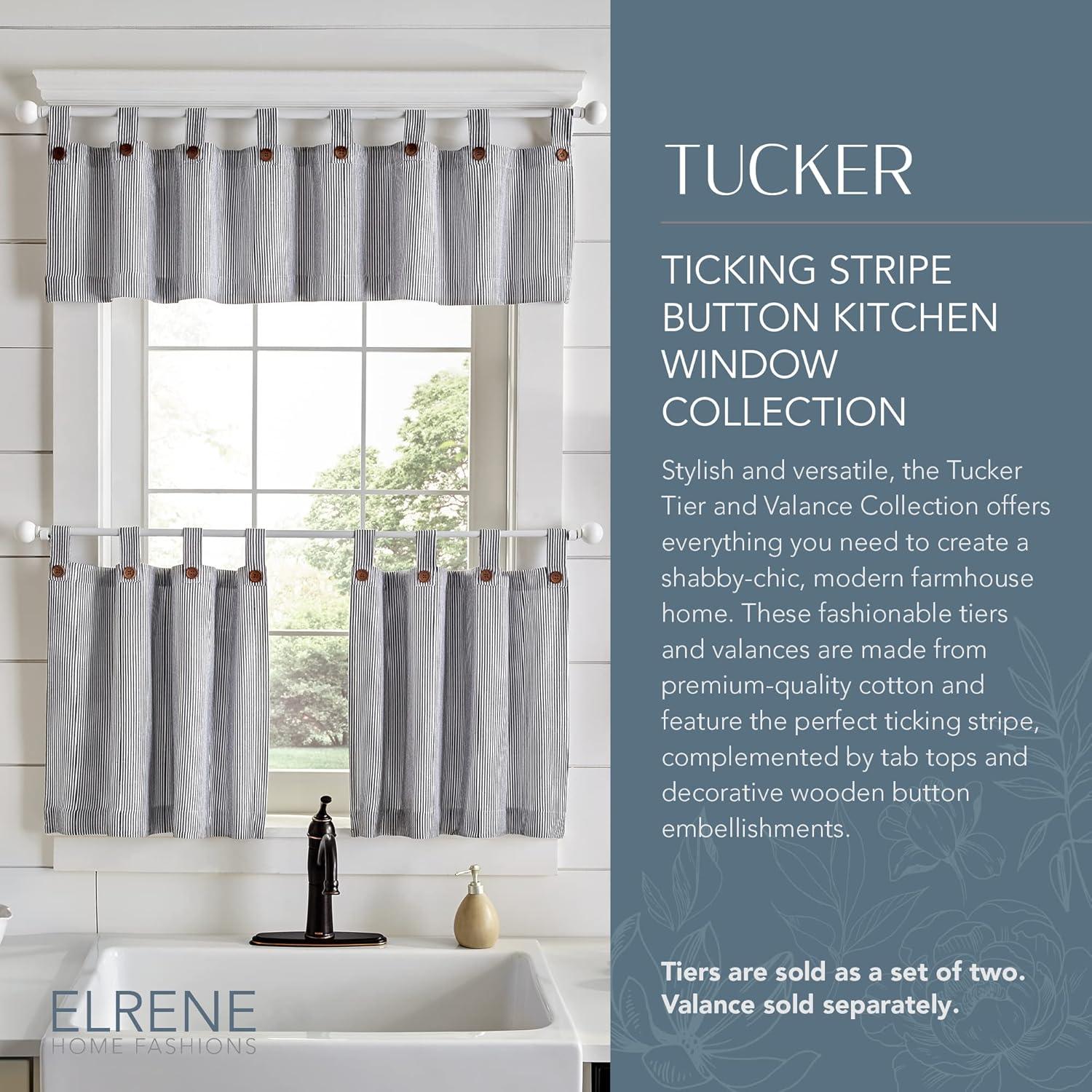 Elrene Tucker Ticking Stripe Kitchen Curtain Tier Set Black 30"w x 24"l